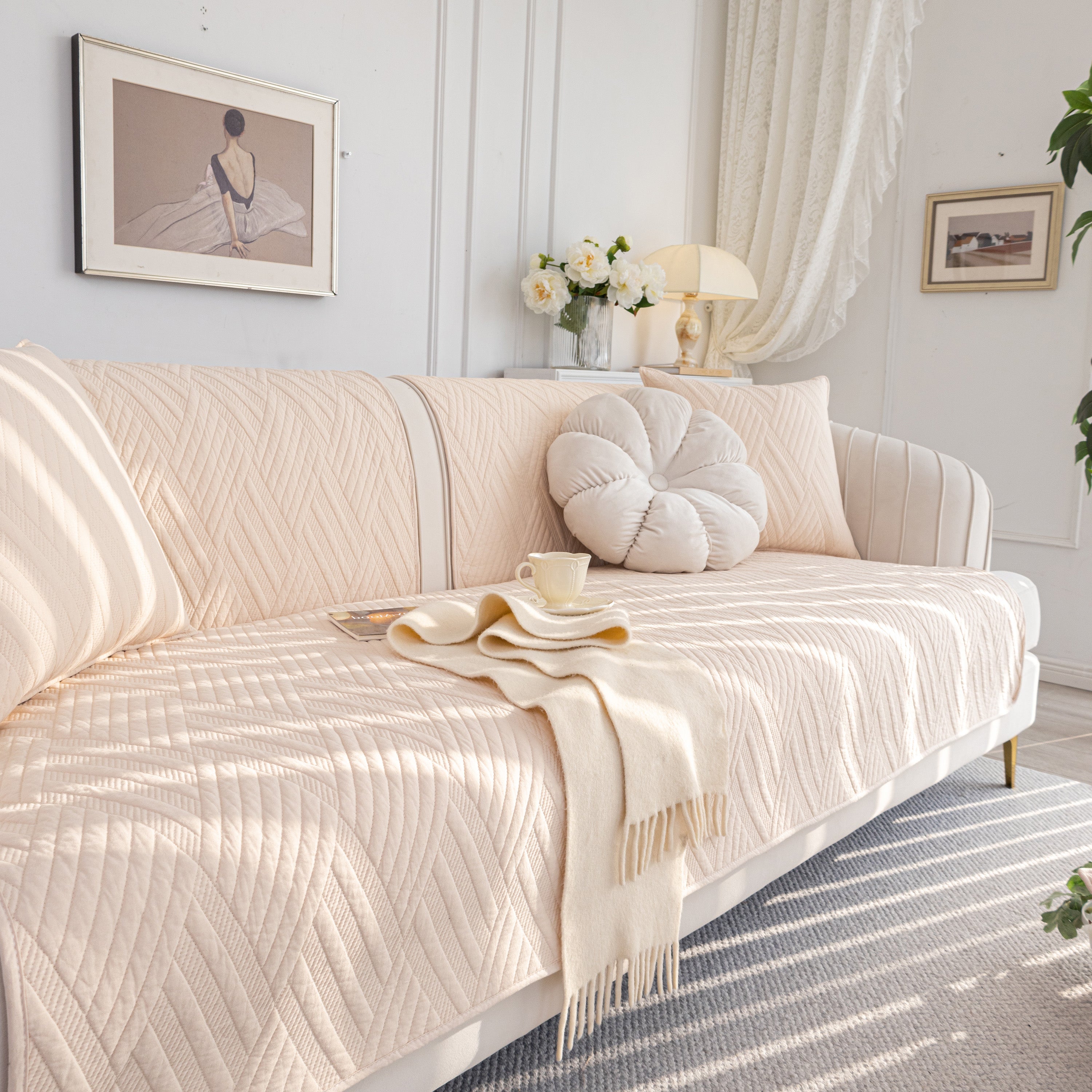 Quilted Geometric Cotton Sofa Cover, Non-slip & Thick Padded Furniture Covers