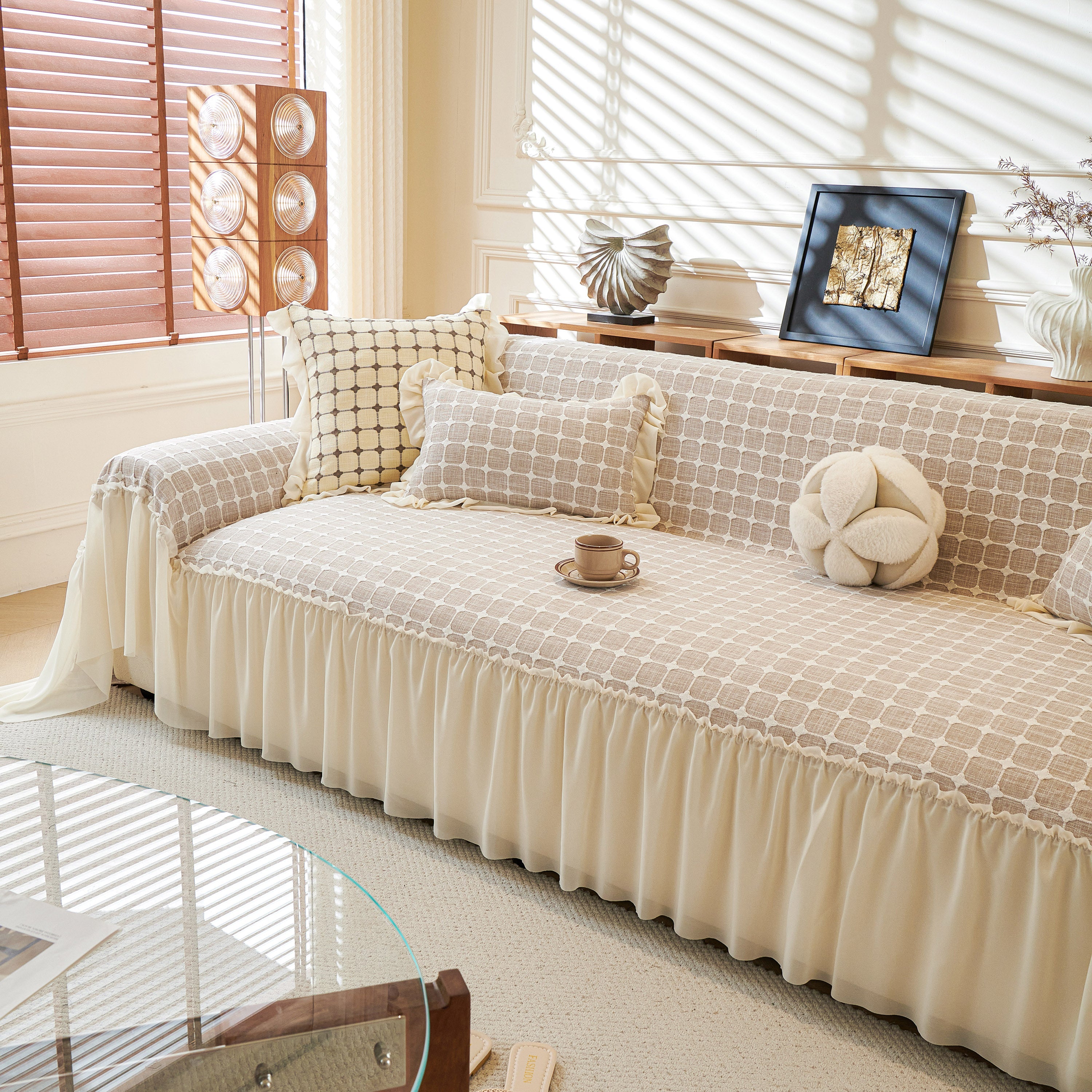 Grid Textured Sofa Cover With Sheer Ruffle Skirt, Pet-friendly Sofa Throw Slipcover