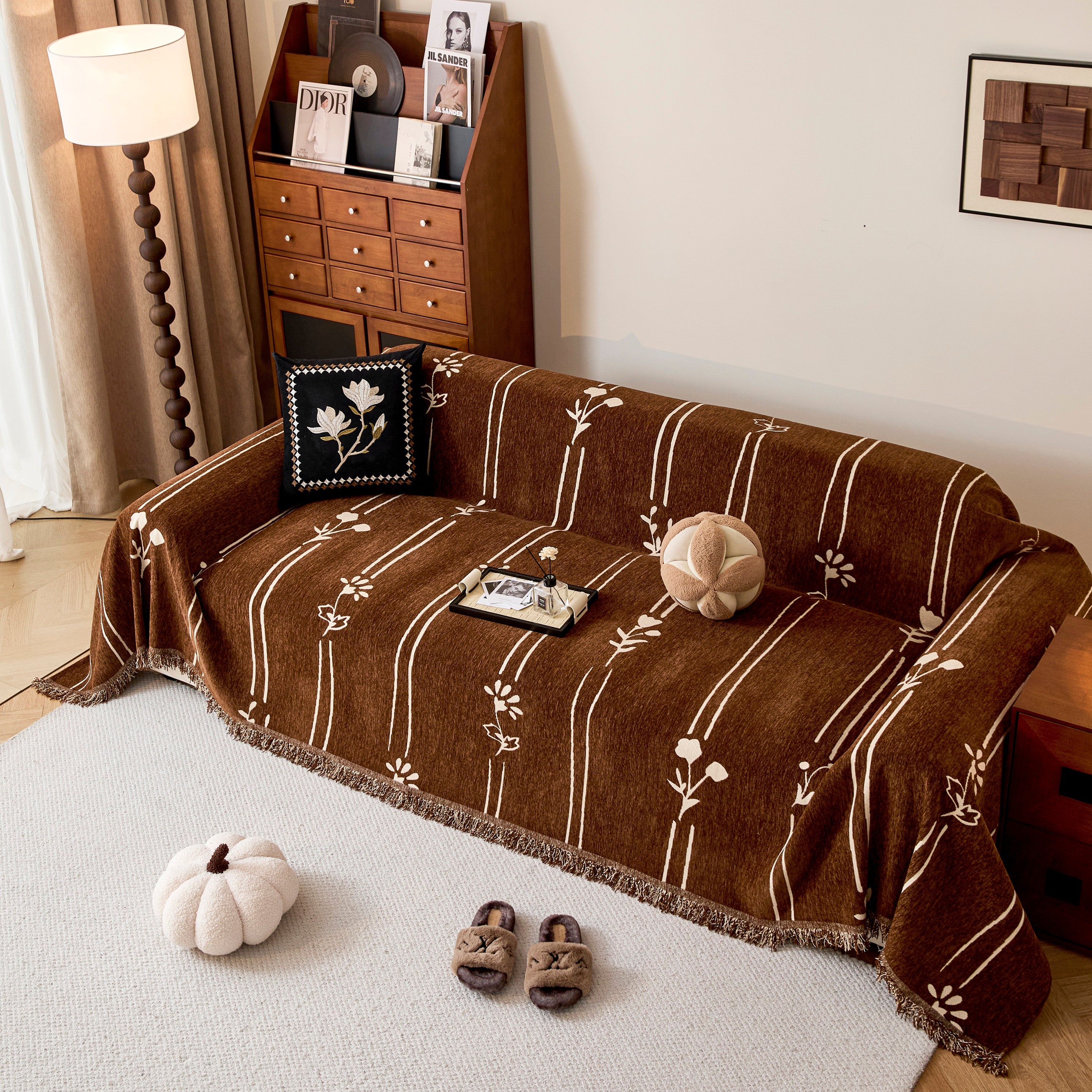 Chenille Jacquard Sofa Throw Cover With Tassel Soft Thick Couch Protector Blanket