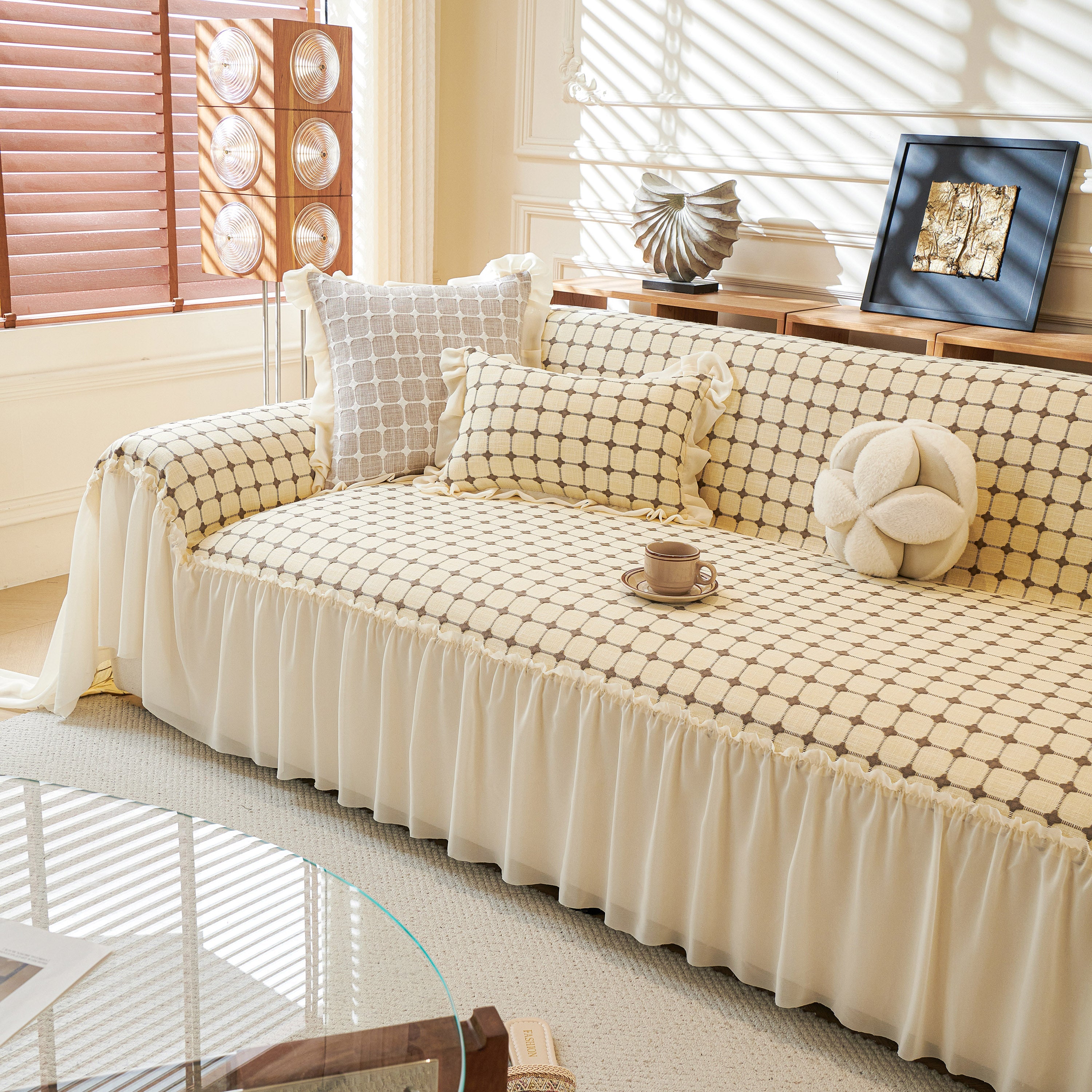 Grid Textured Sofa Cover With Sheer Ruffle Skirt, Pet-friendly Sofa Throw Slipcover