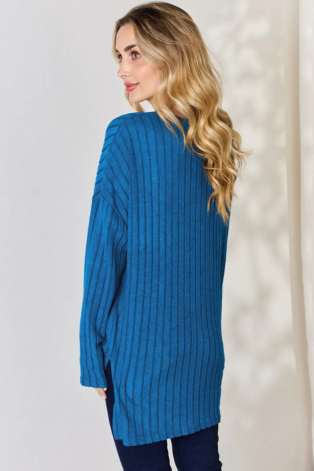 Basic Bae Full Size Ribbed Half Button Long Sleeve High-low Knit Top | Includes Plus Size