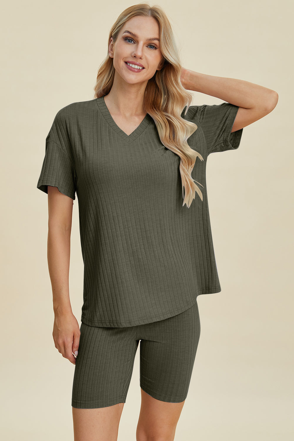 Basic Bae Full Size Ribbed V-neck Short Sleeve Top And Shorts Set