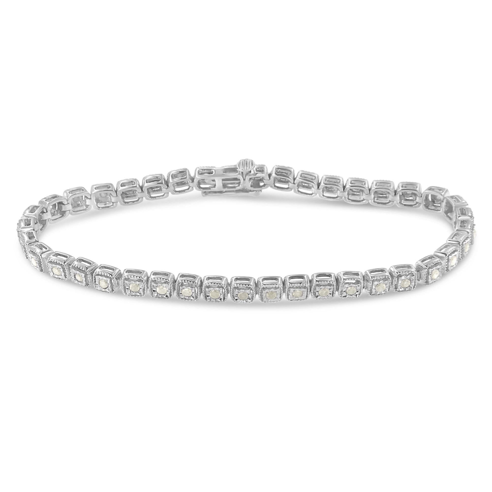 .925 Sterling Silver 1.0 Cttw Diamond Miracle-Set Square Milgrain 7" Link Tennis Bracelet