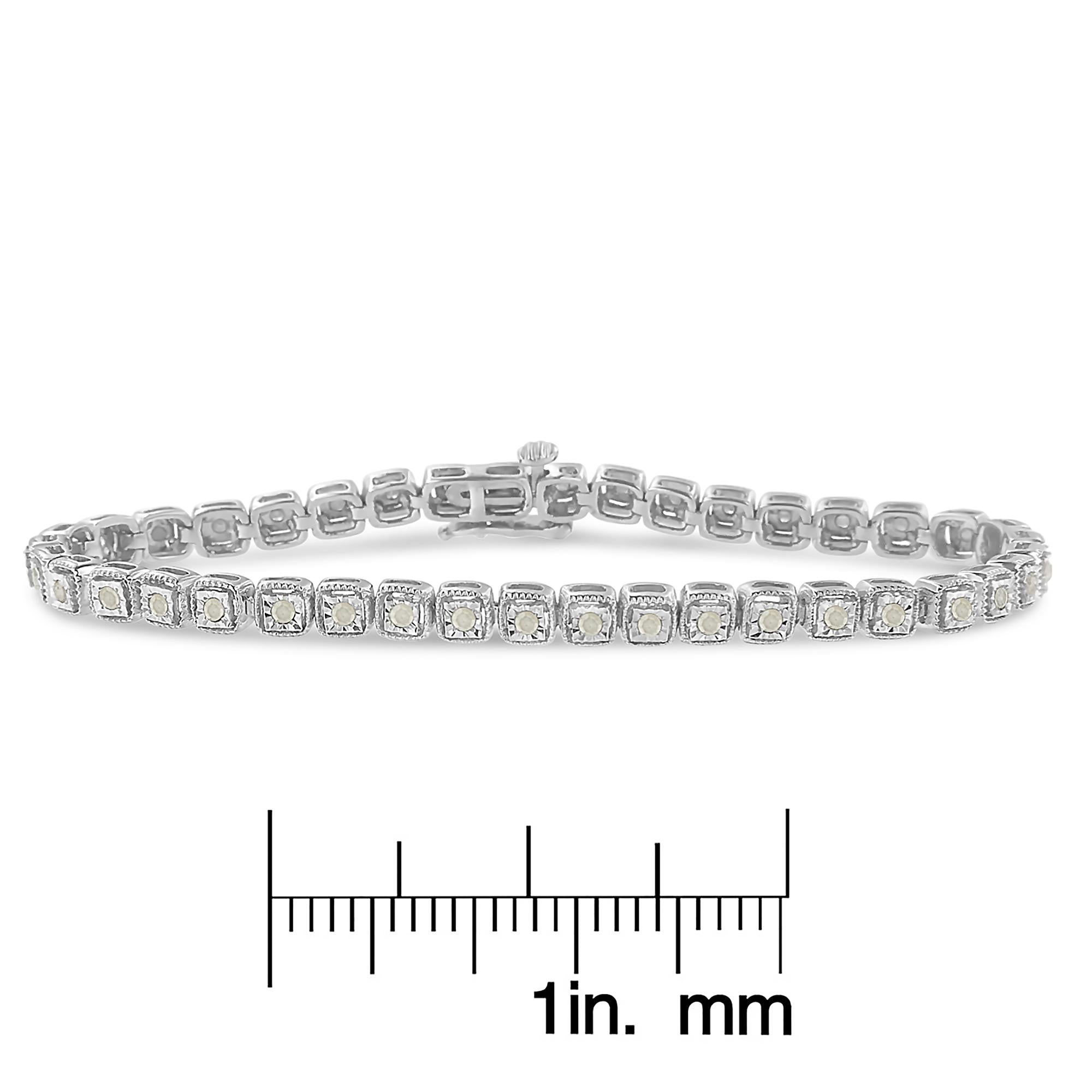 .925 Sterling Silver 1.0 Cttw Diamond Miracle-Set Square Milgrain 7" Link Tennis Bracelet