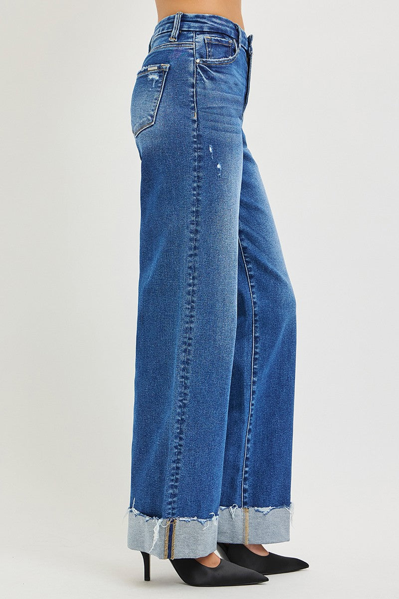 Risen High Rise Wide Leg Jeans With Cuffed Hem