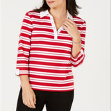 Karen Scott Women's Striped Split Neck Grommet Trim Top Red Size Large