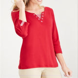 Karen Scott Women's Neck Inset Cotton Grommet Top Red Size Large