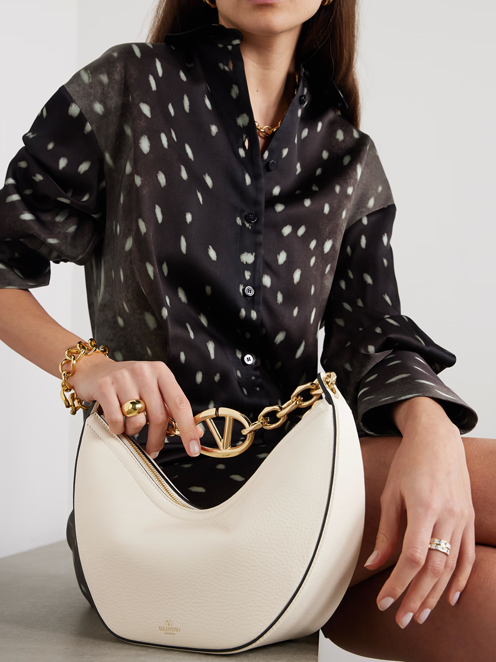 Valentino Garavani Ivory Leather Small Hobo Shoulder Bag