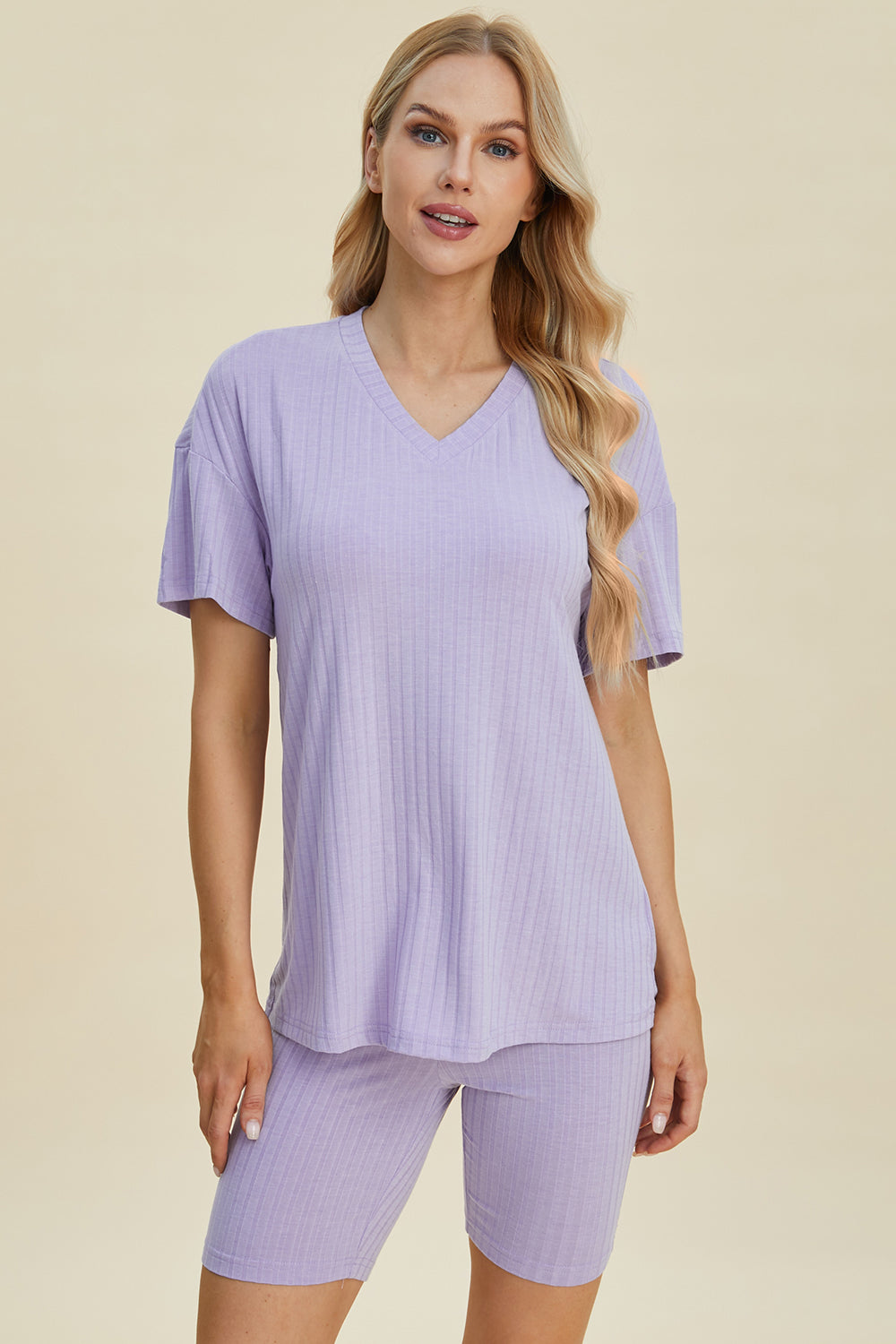 Basic Bae Full Size Ribbed V-neck Short Sleeve Top And Shorts Set