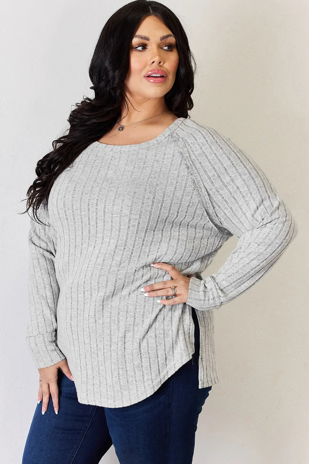 Basic Bae Full Size Ribbed Round Neck Slit Knit Top | Includes Plus Size