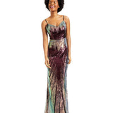 Teeze Me Women's Sequined Slitted Cross Back Spaghetti Strap Sweetheart Neckline Full Length Evening Sheath Dress Red Size 9