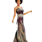 Teeze Me Women's Sequined Slitted Cross Back Spaghetti Strap Sweetheart Neckline Full Length Evening Sheath Dress Red Size 9