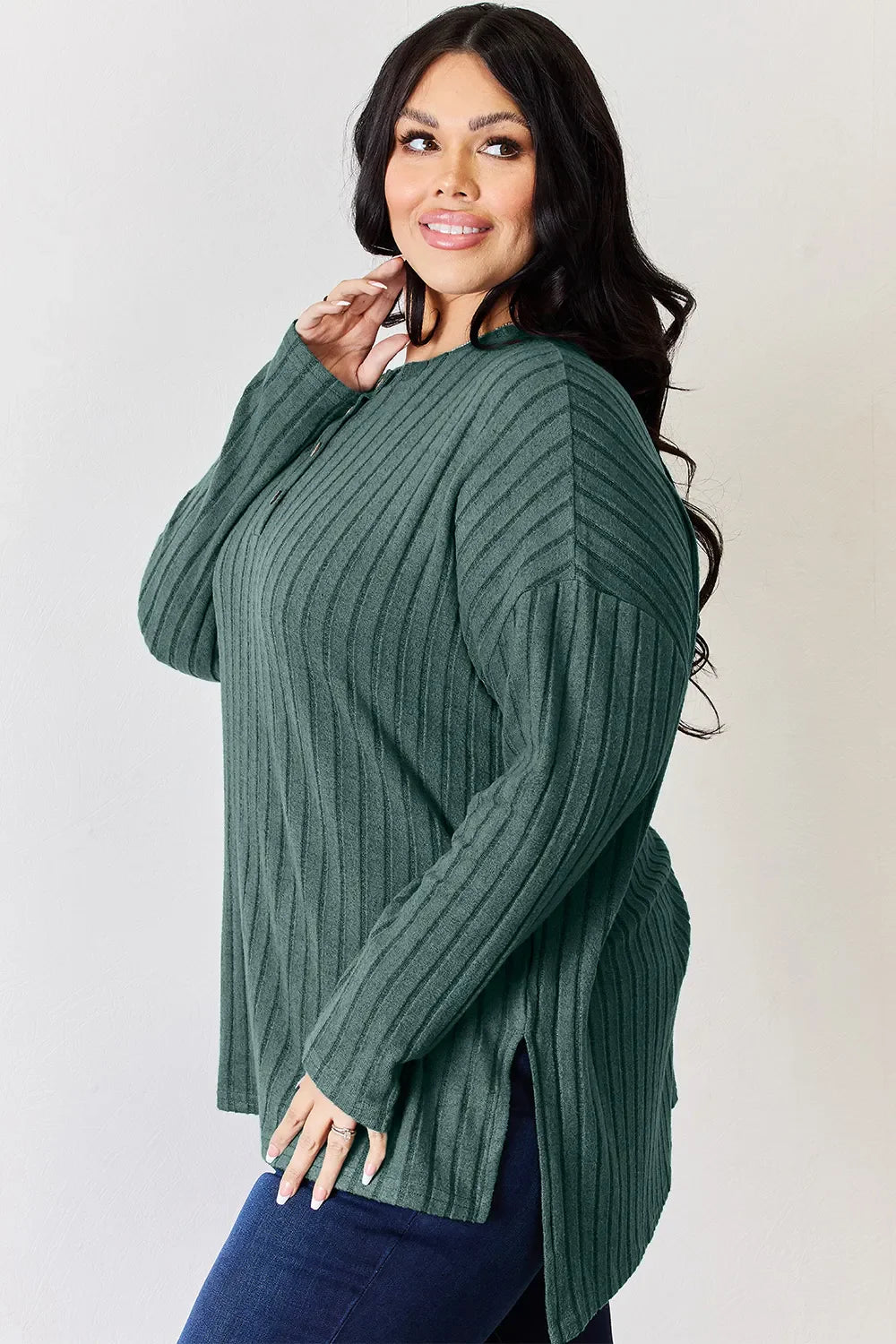 Basic Bae Full Size Ribbed Half Button Long Sleeve High-low Knit Top | Includes Plus Size