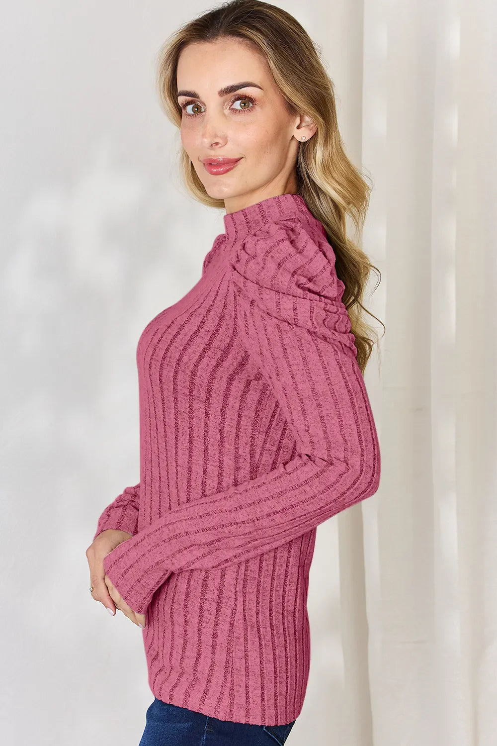 Basic Bae Full Size Ribbed Mock Neck Puff Sleeve T-shirt | Includes Plus Size
