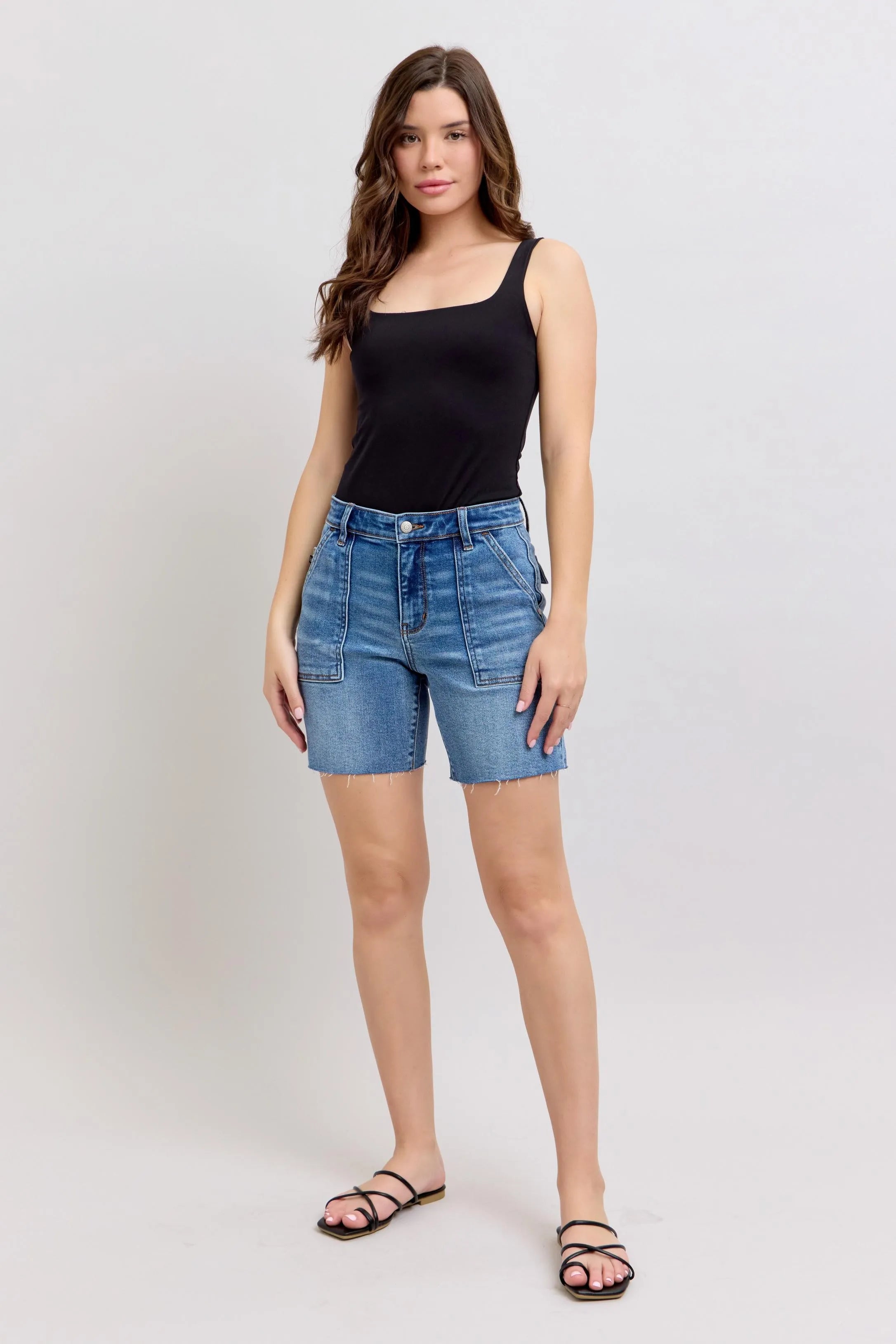 Judy Blue Full Size Mid Rise Bermudas Denim Shorts W/ Back Flap Pockets | Includes Plus Size