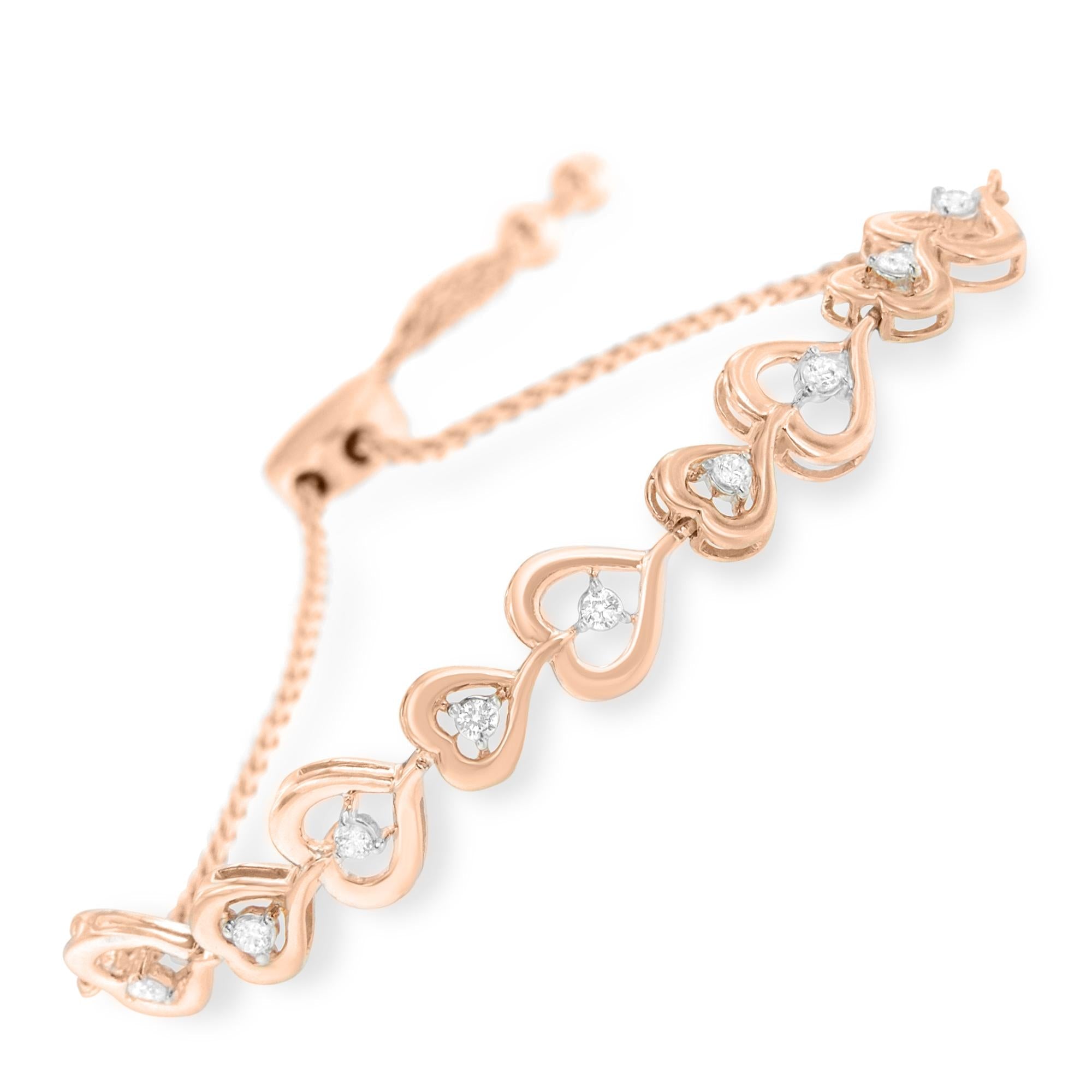 Rose Plated Sterling Silver Diamond Heart-linked Bolo Bracelet (0.30 Cttw, H-i Color, I2-i3 Clarity)