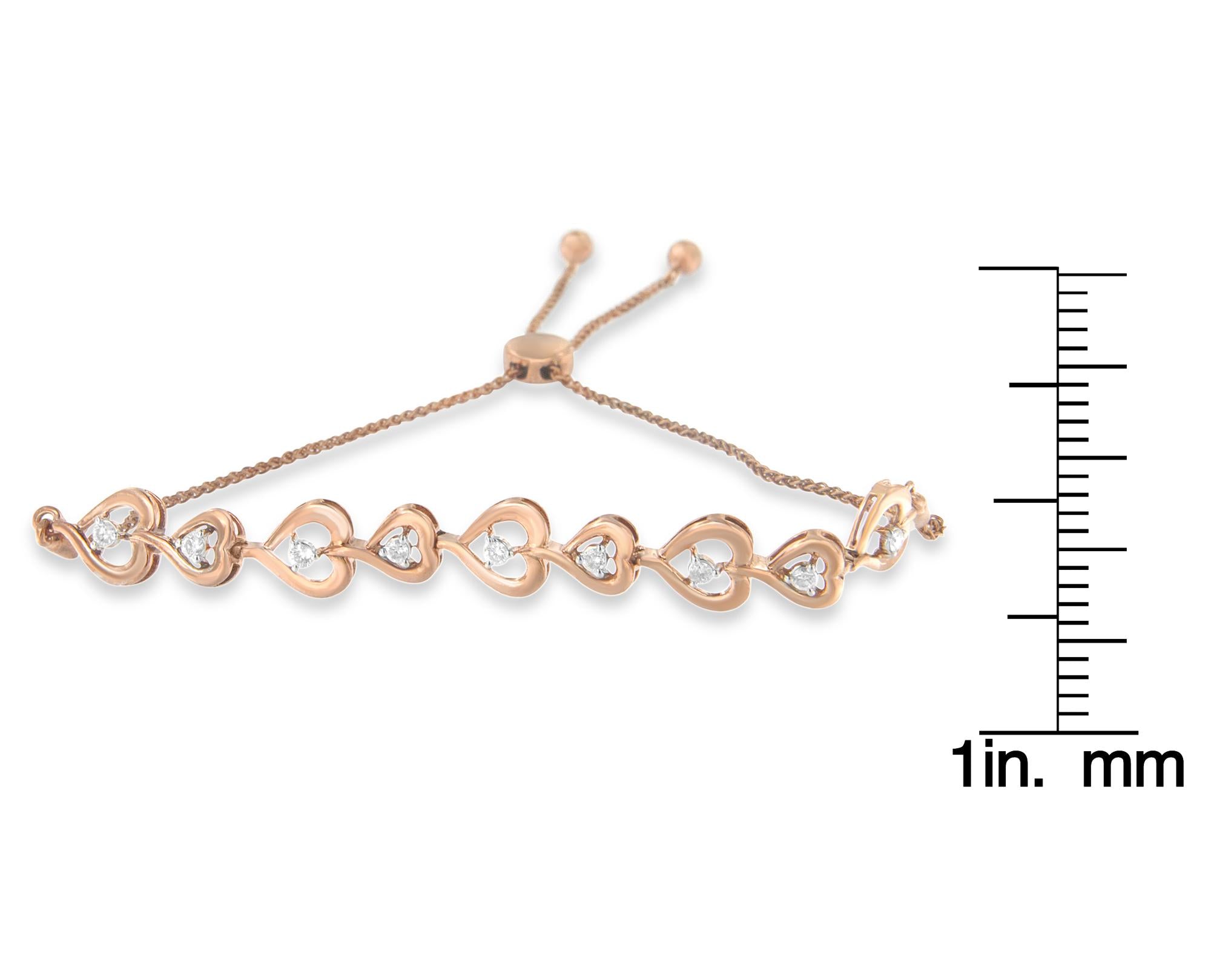 Rose Plated Sterling Silver Diamond Heart-linked Bolo Bracelet (0.30 Cttw, H-i Color, I2-i3 Clarity)