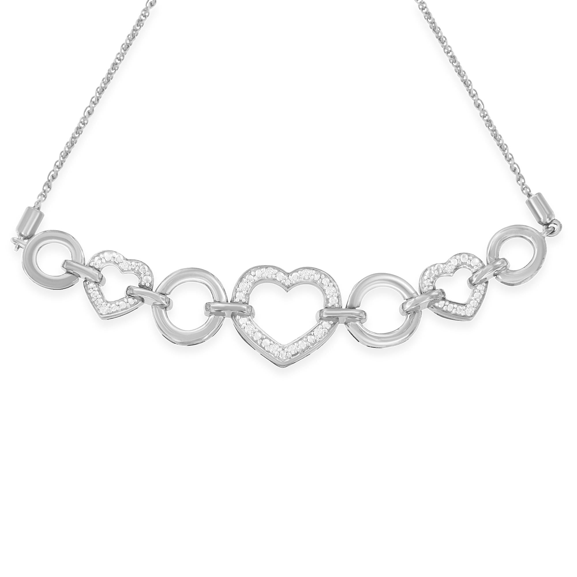 .925 Sterling Silver 1/10 Cttw Round-Cut Diamond Heart-Link Adjustable Bolo Bracelet ( H-I Color, I2-I3 Clarity) - 6"-9" Adjustable