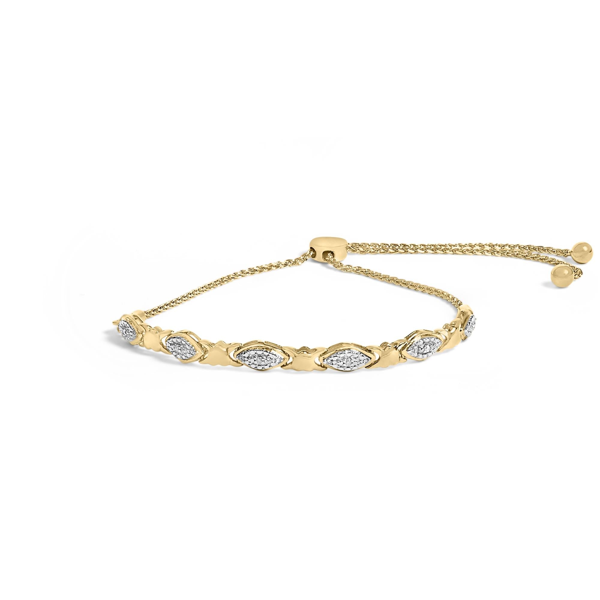 .925 Sterling Silver Diamond Accent Alternating Marquise Shape and Heart Links Bolo Bracelet (I-J Color, I3 Clarity) - Adjustable 6" to 9"