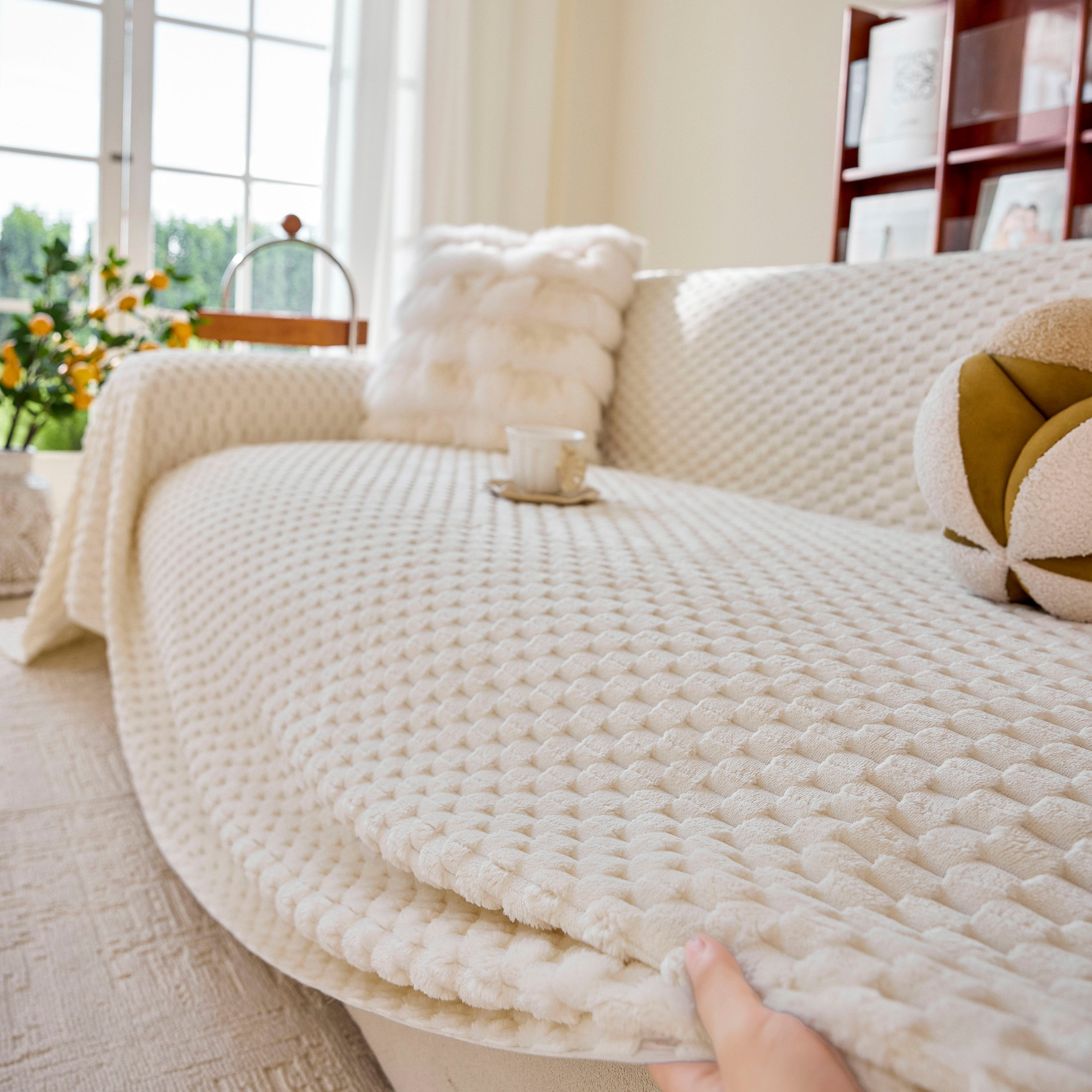Thick Plush Non-slip Sofa Throw Cover, Warm Soft Faux Fur Couch Protector For Winter