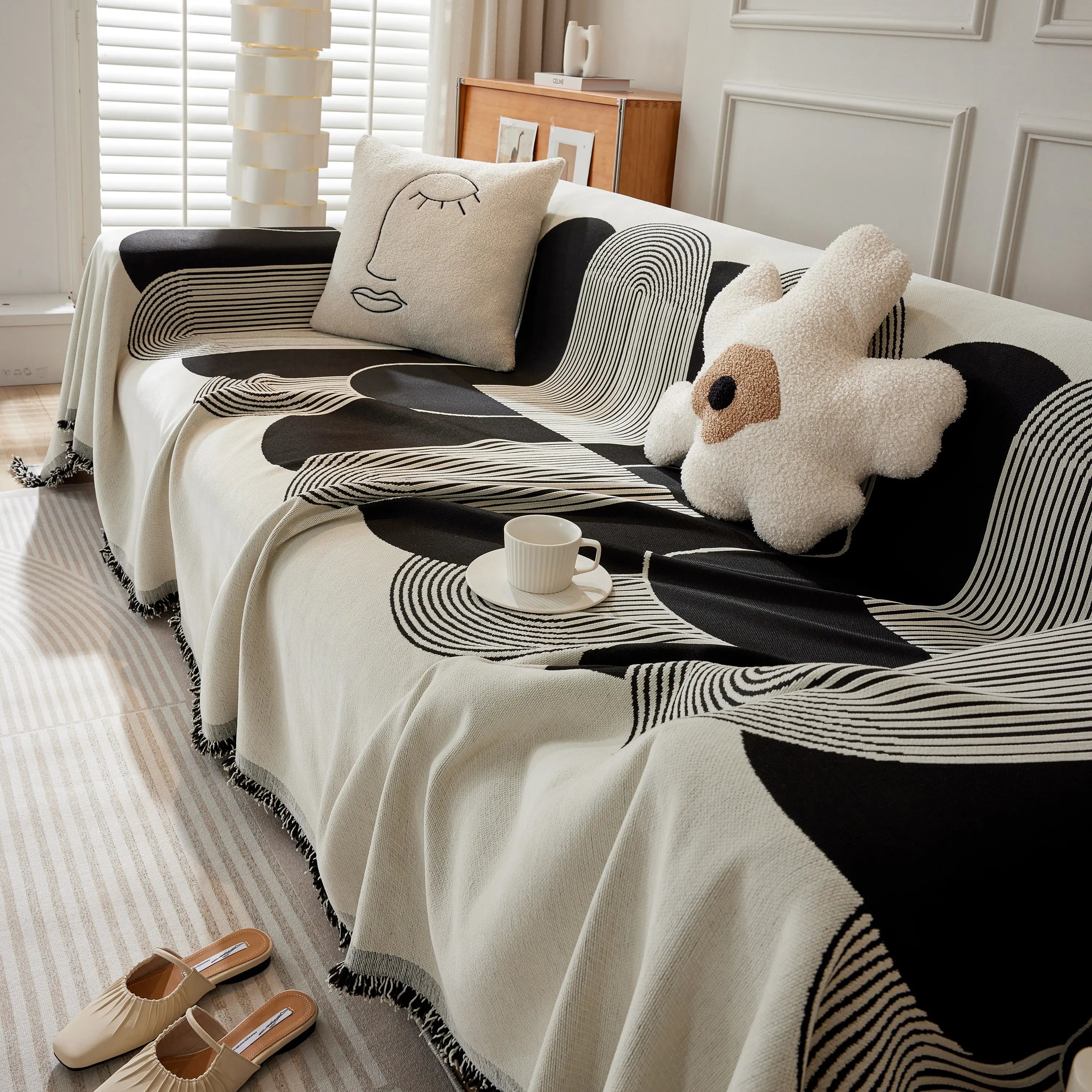 Soft Chenille Tassel Trim Sectional Sofa Protector Couch Covers For Cats Cozy Blanket Sofa Throws