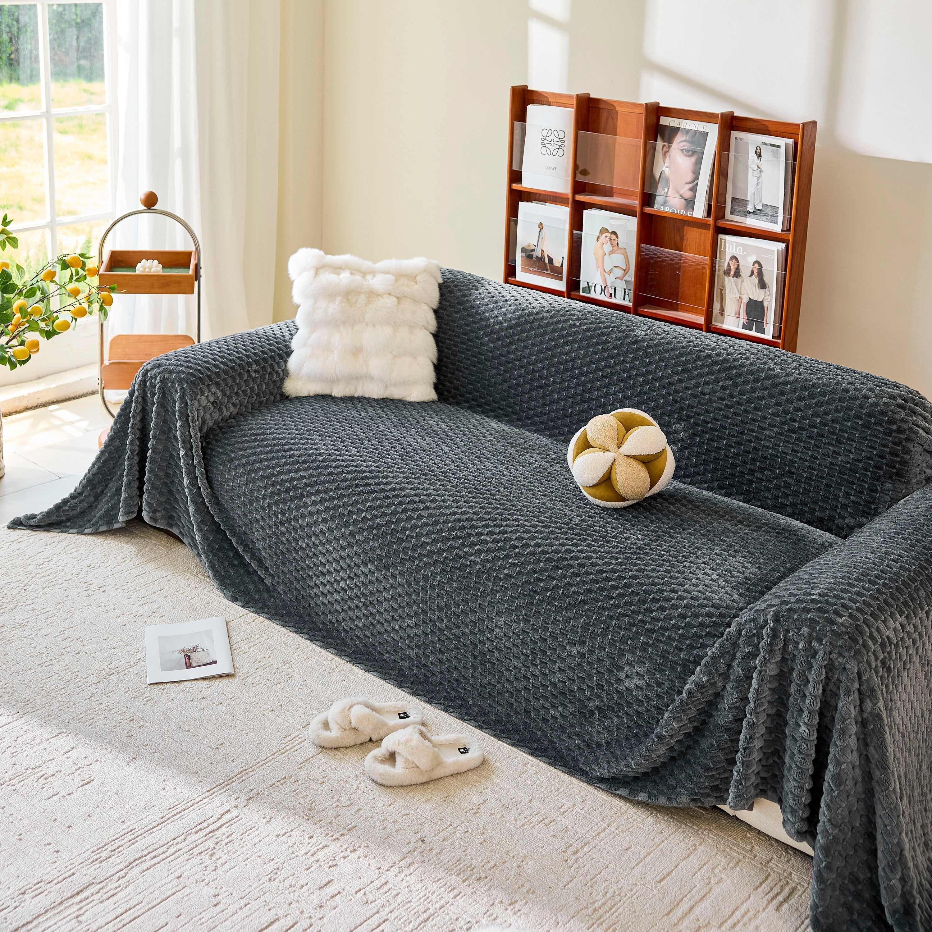 Thick Plush Non-slip Sofa Throw Cover, Warm Soft Faux Fur Couch Protector For Winter
