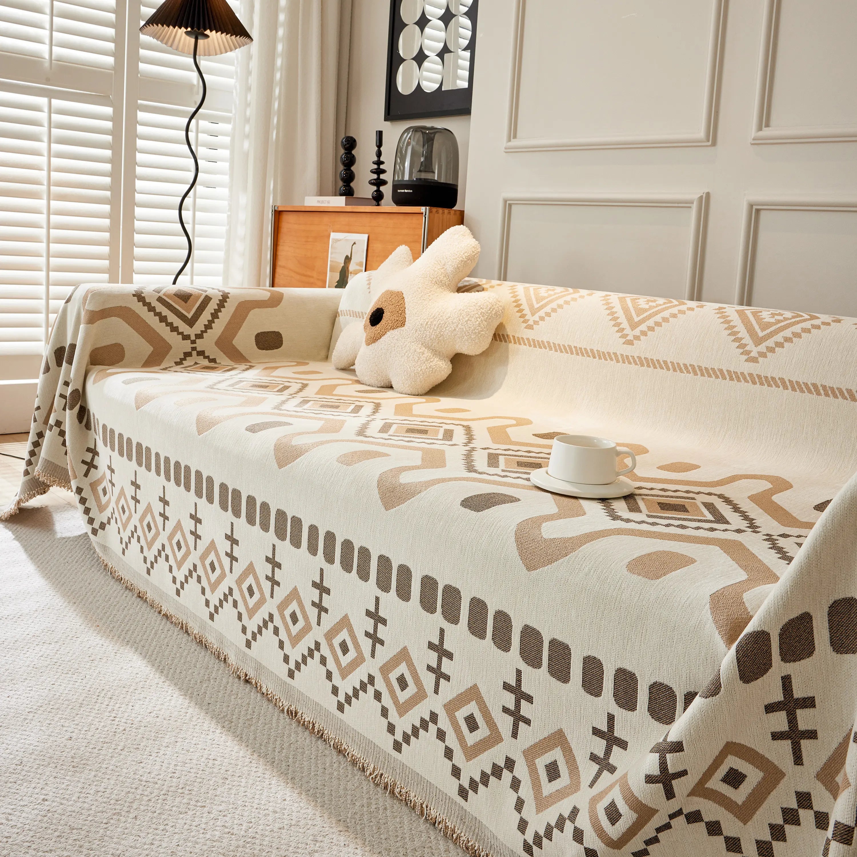 Boho Geometric Chenille Throw Sofa Cover Soft Textured Decorative Couch Blanket