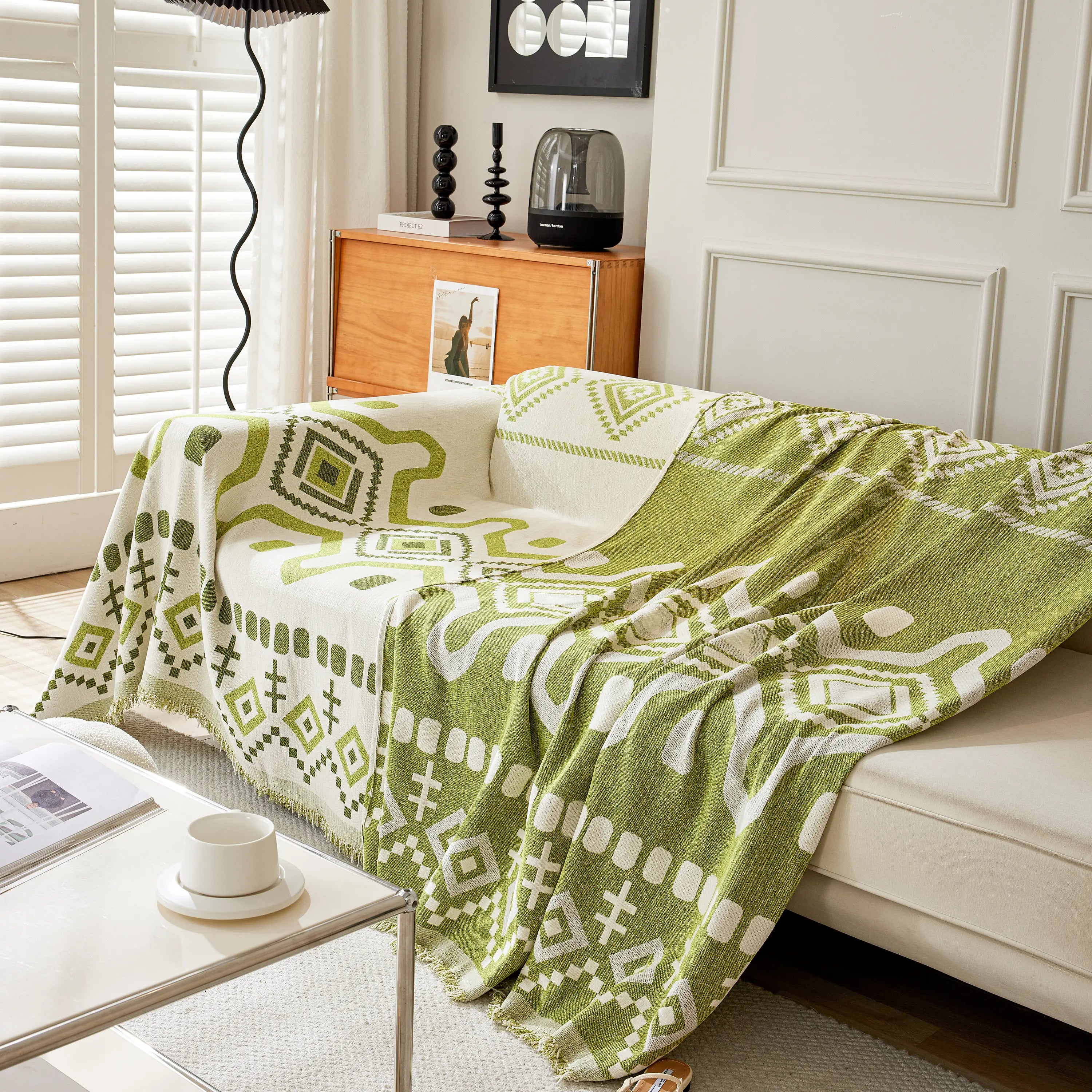Boho Geometric Chenille Throw Sofa Cover Soft Textured Decorative Couch Blanket