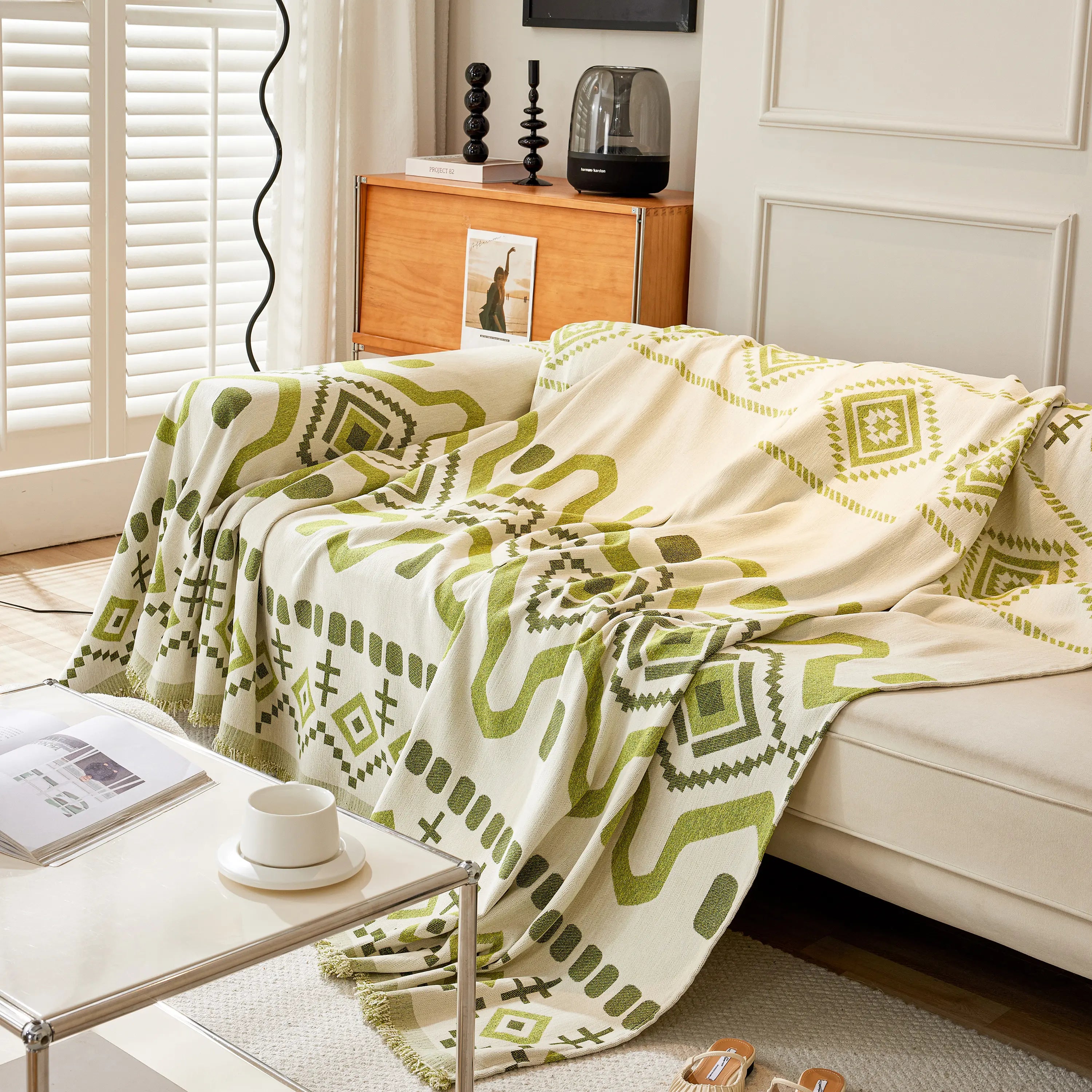 Boho Geometric Chenille Throw Sofa Cover Soft Textured Decorative Couch Blanket