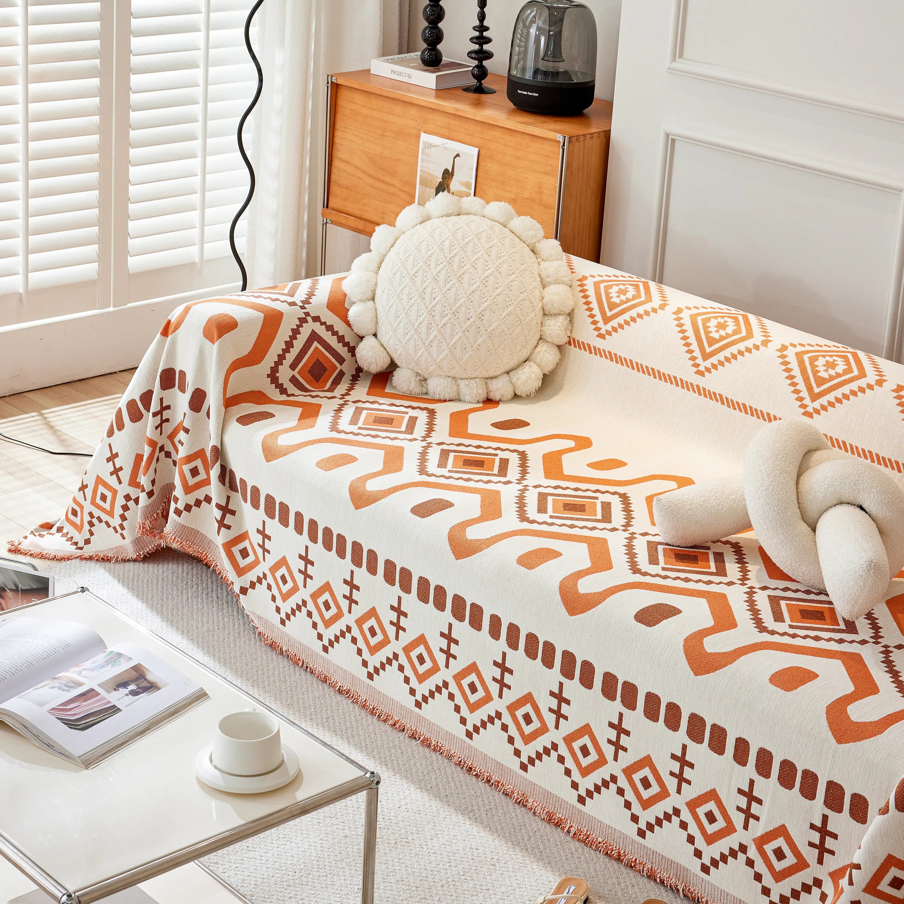 Boho Geometric Chenille Throw Sofa Cover Soft Textured Decorative Couch Blanket