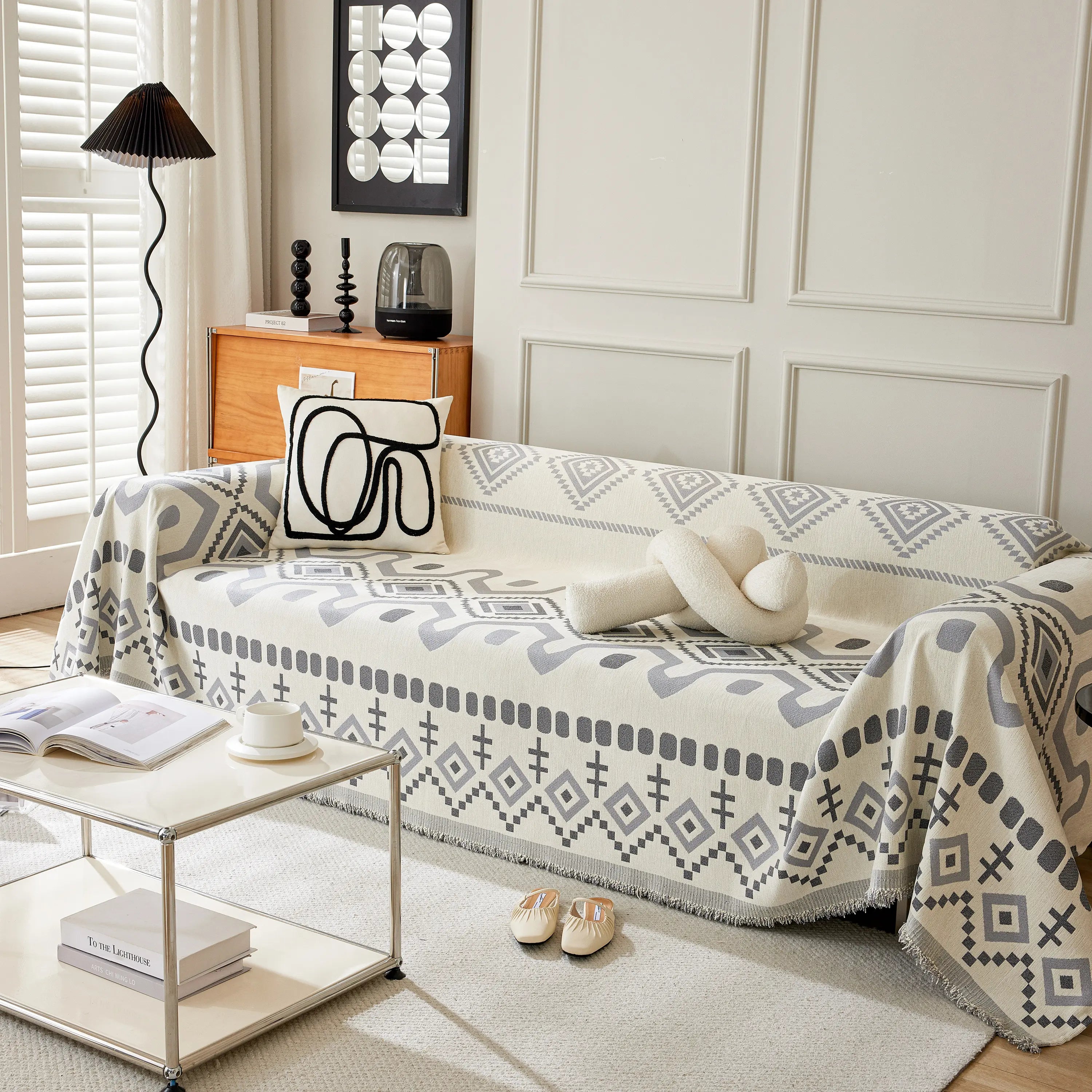 Boho Geometric Chenille Throw Sofa Cover Soft Textured Decorative Couch Blanket