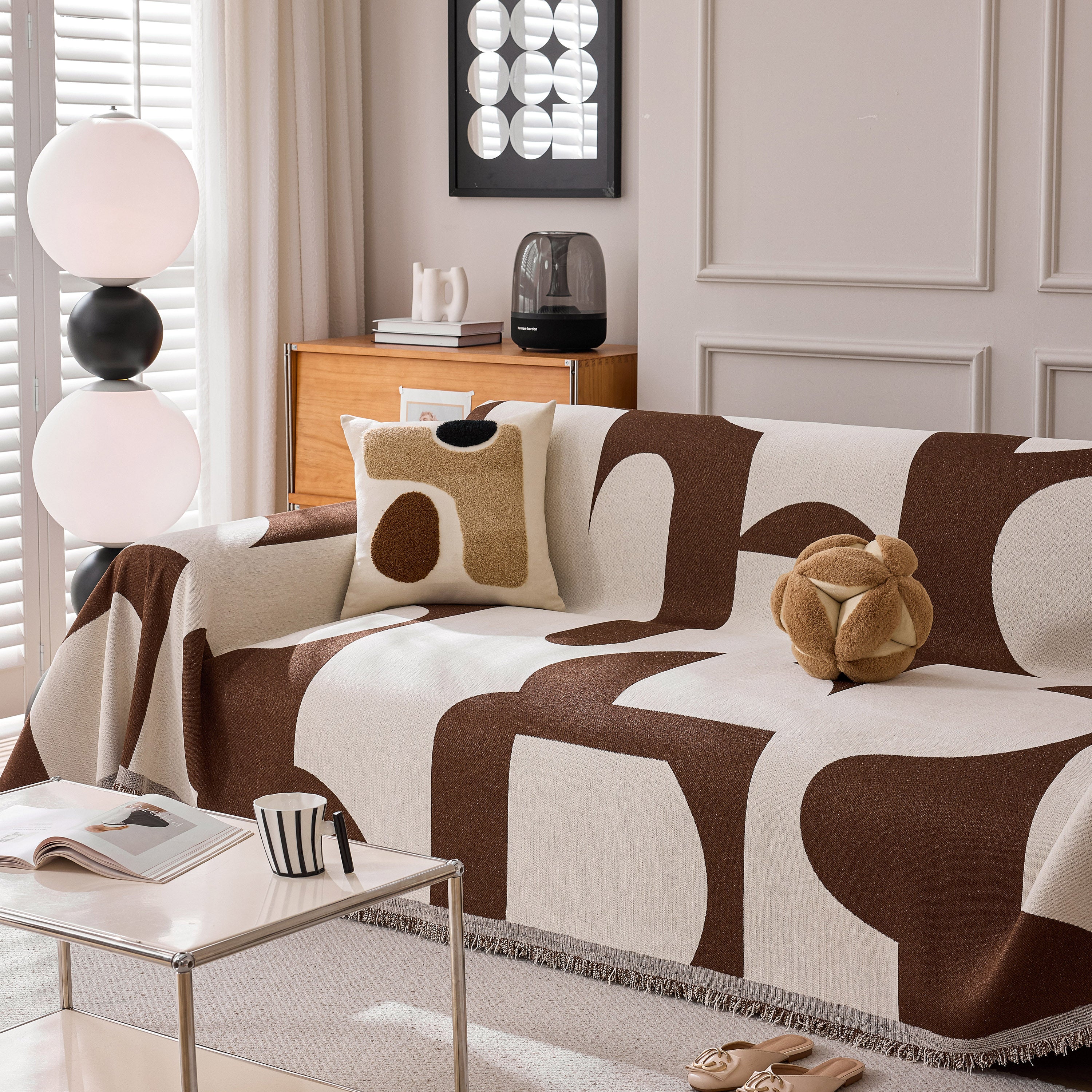 Modern Abstract Chenille Sofa Cover, Large Soft Throw Blanket With Tassels For Couch