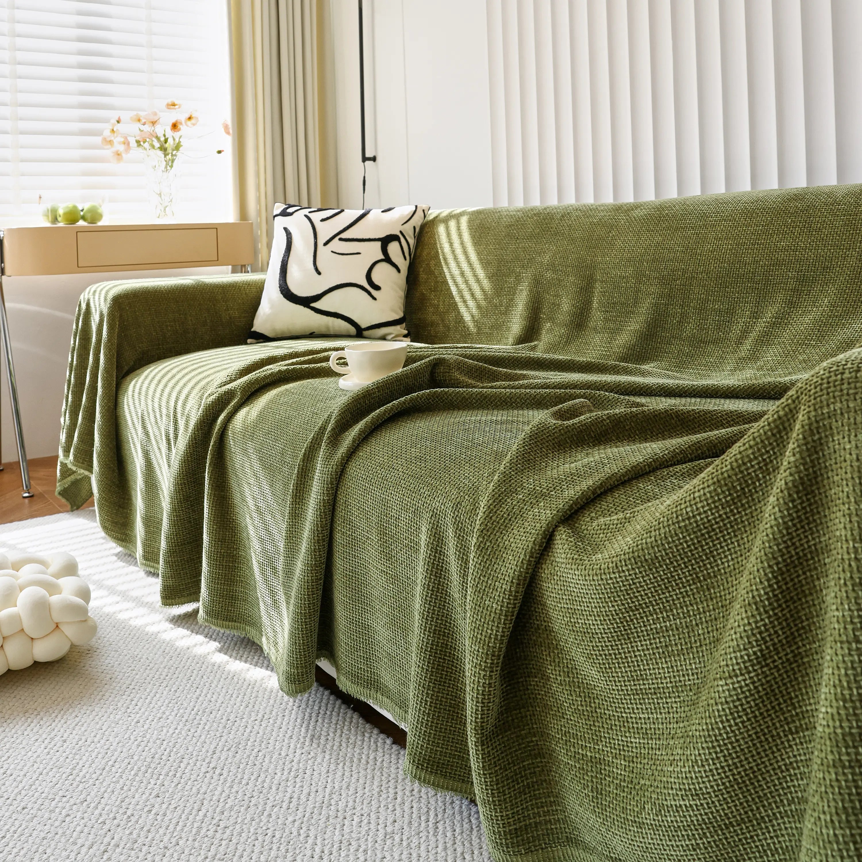Chenille Thickened Solid Couch Blanket Throws, Reversible Couch Covers For Sectional Couches