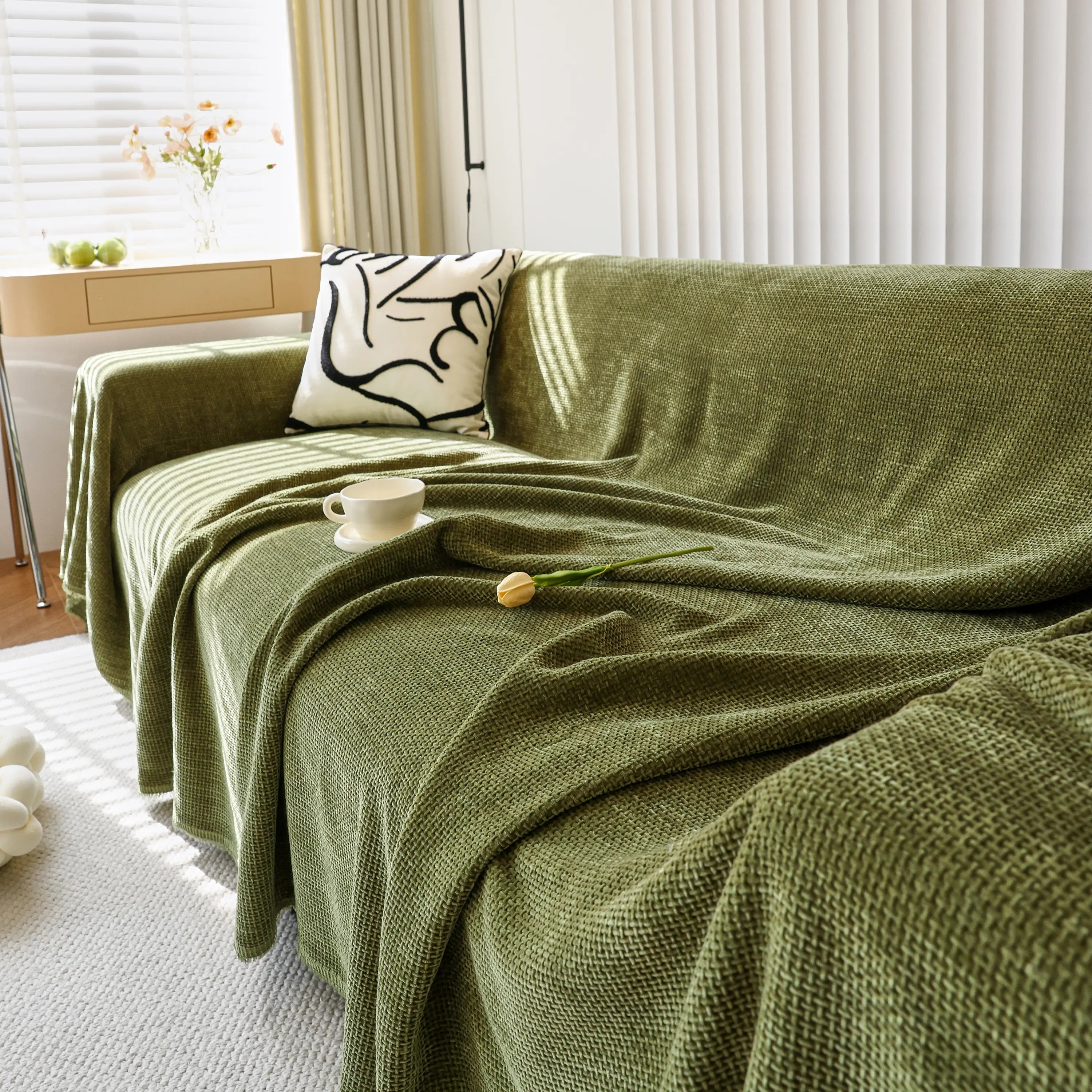 Chenille Thickened Solid Couch Blanket Throws, Reversible Couch Covers For Sectional Couches