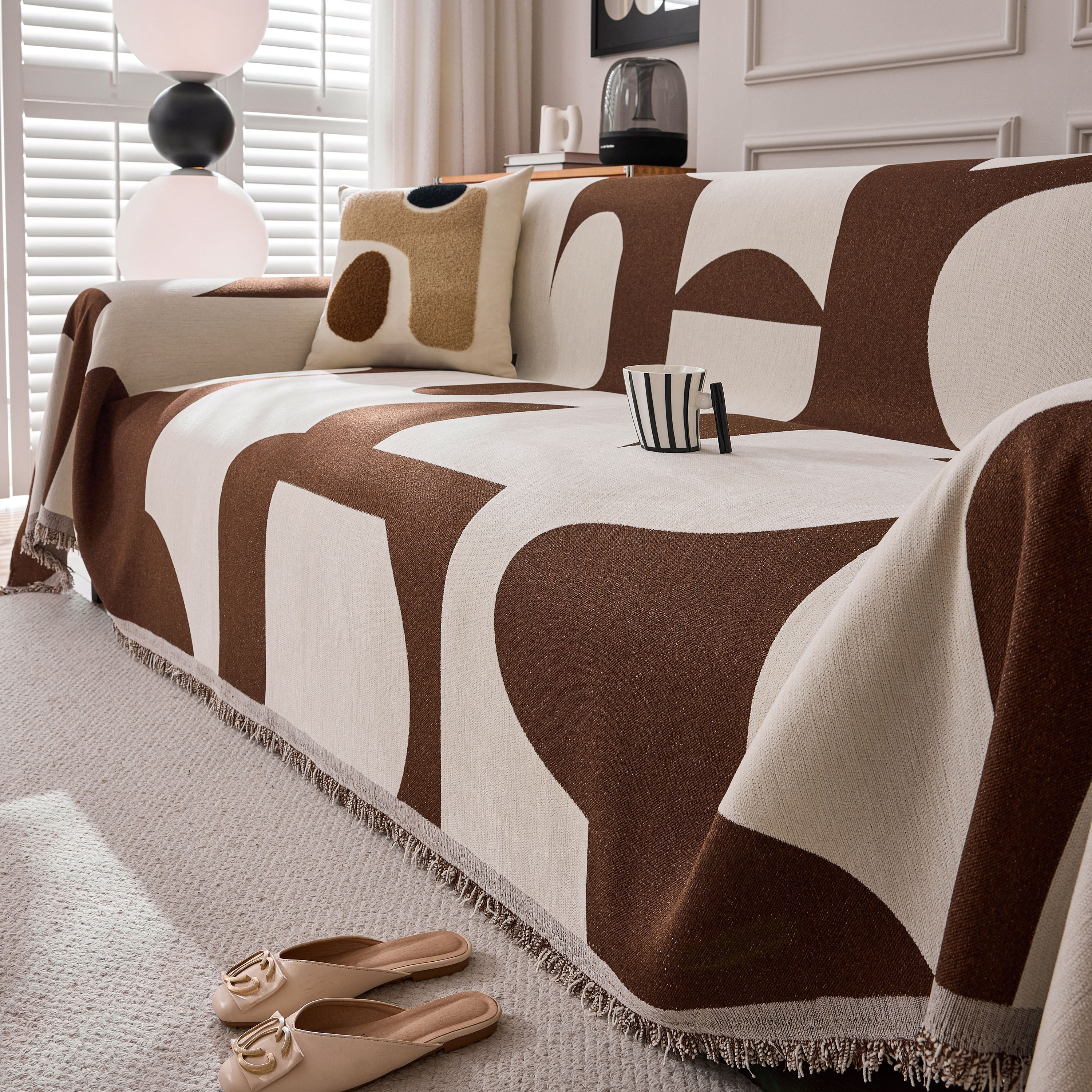 Modern Abstract Chenille Sofa Cover, Large Soft Throw Blanket With Tassels For Couch