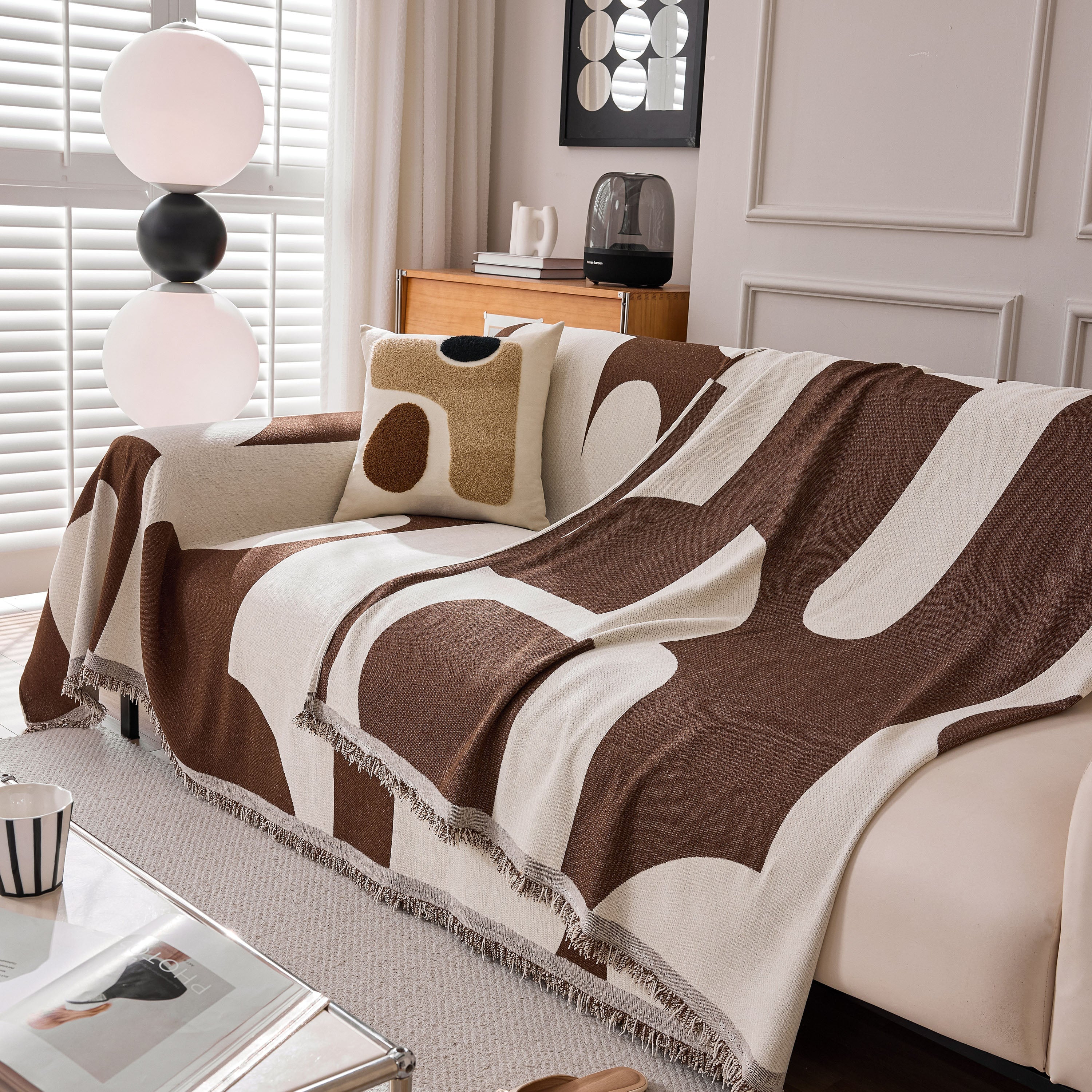 Modern Abstract Chenille Sofa Cover, Large Soft Throw Blanket With Tassels For Couch