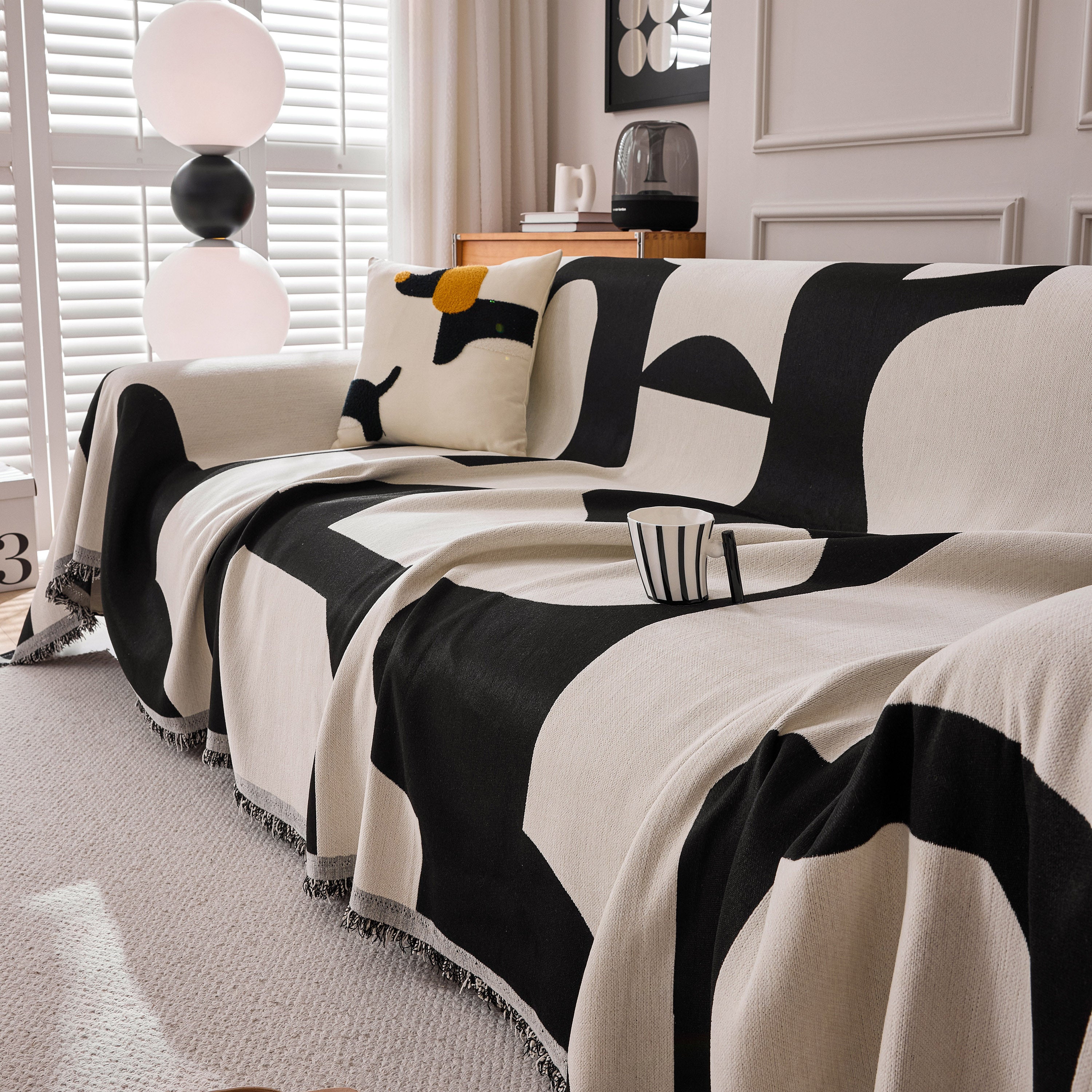 Modern Abstract Chenille Sofa Cover, Large Soft Throw Blanket With Tassels For Couch