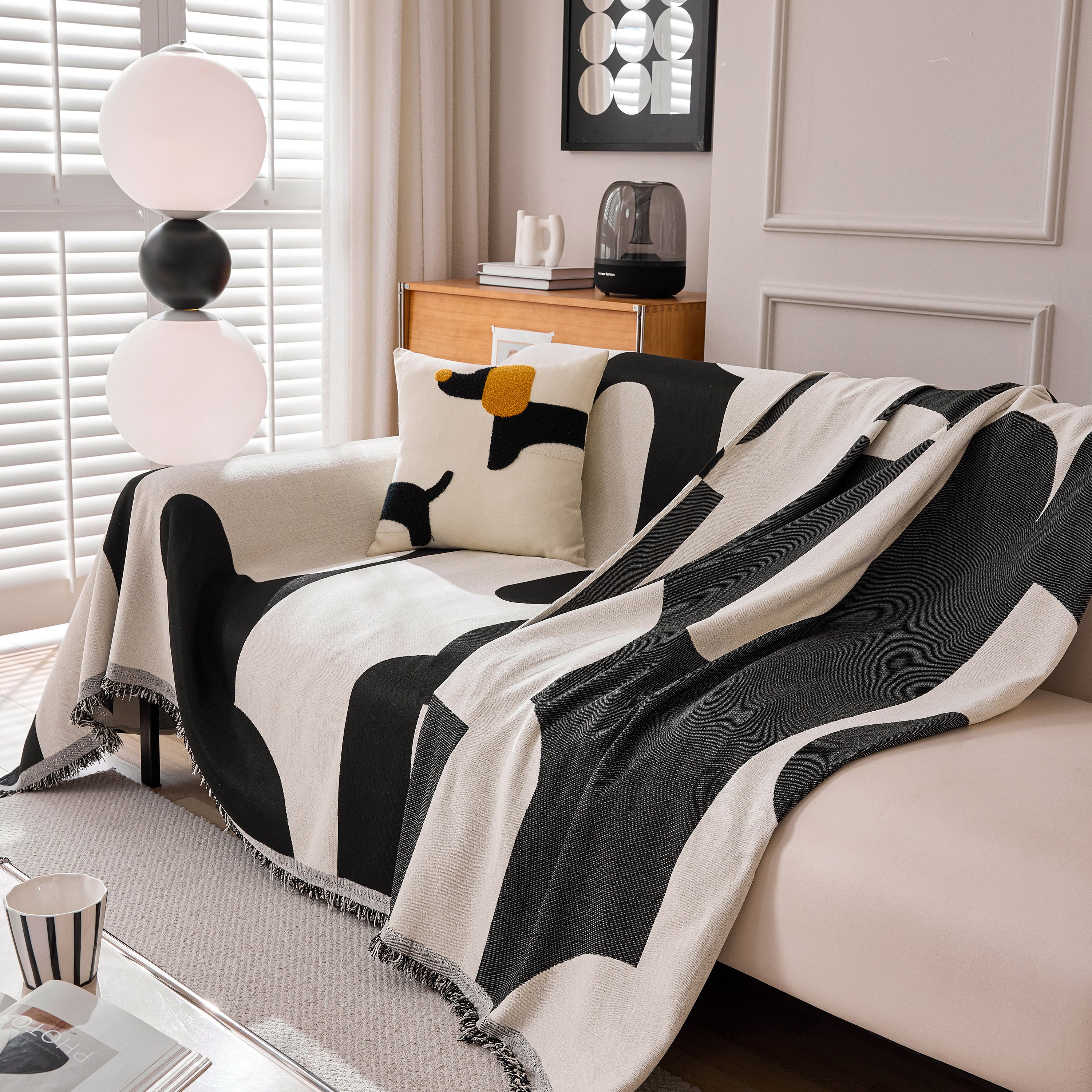 Modern Abstract Chenille Sofa Cover, Large Soft Throw Blanket With Tassels For Couch