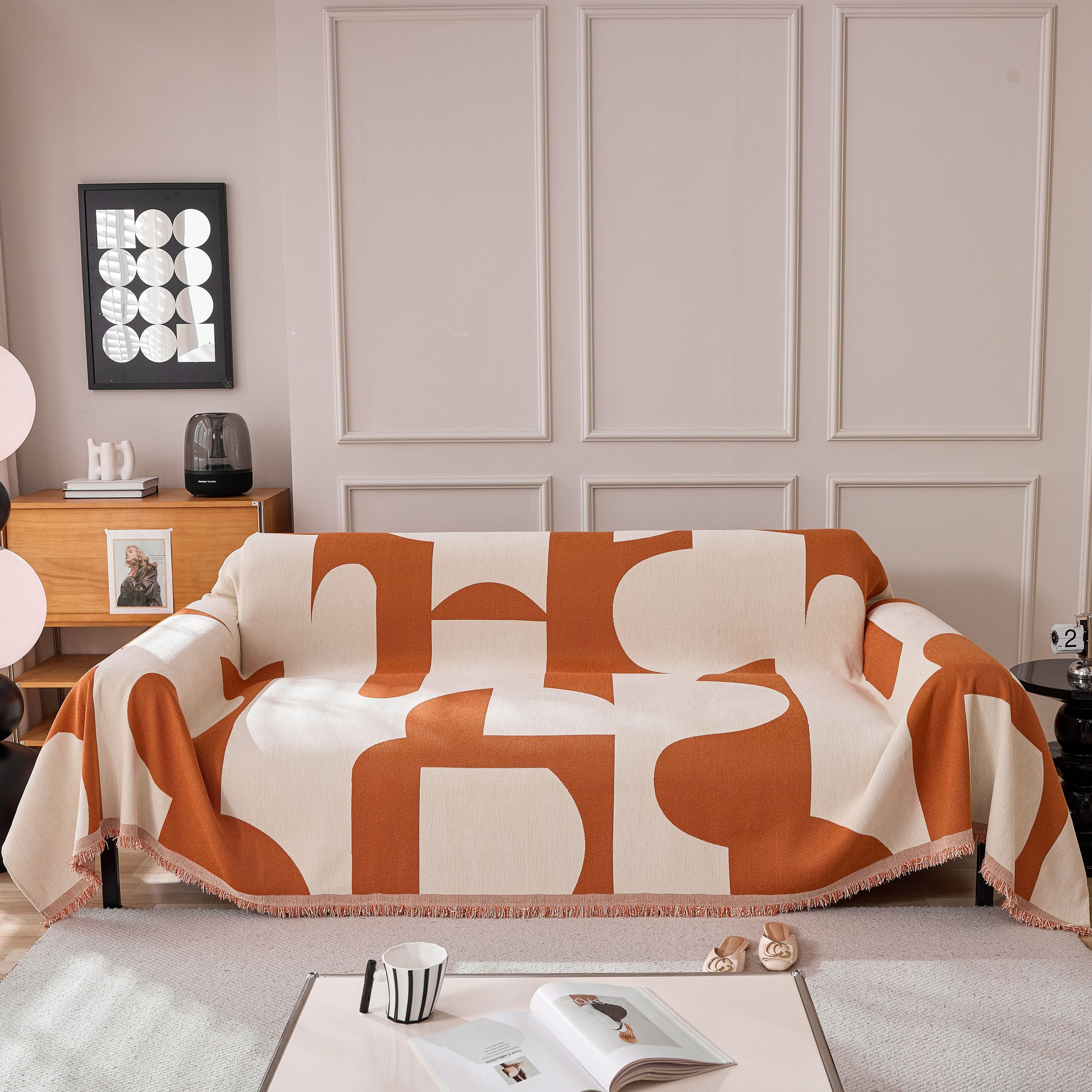 Modern Abstract Chenille Sofa Cover, Large Soft Throw Blanket With Tassels For Couch