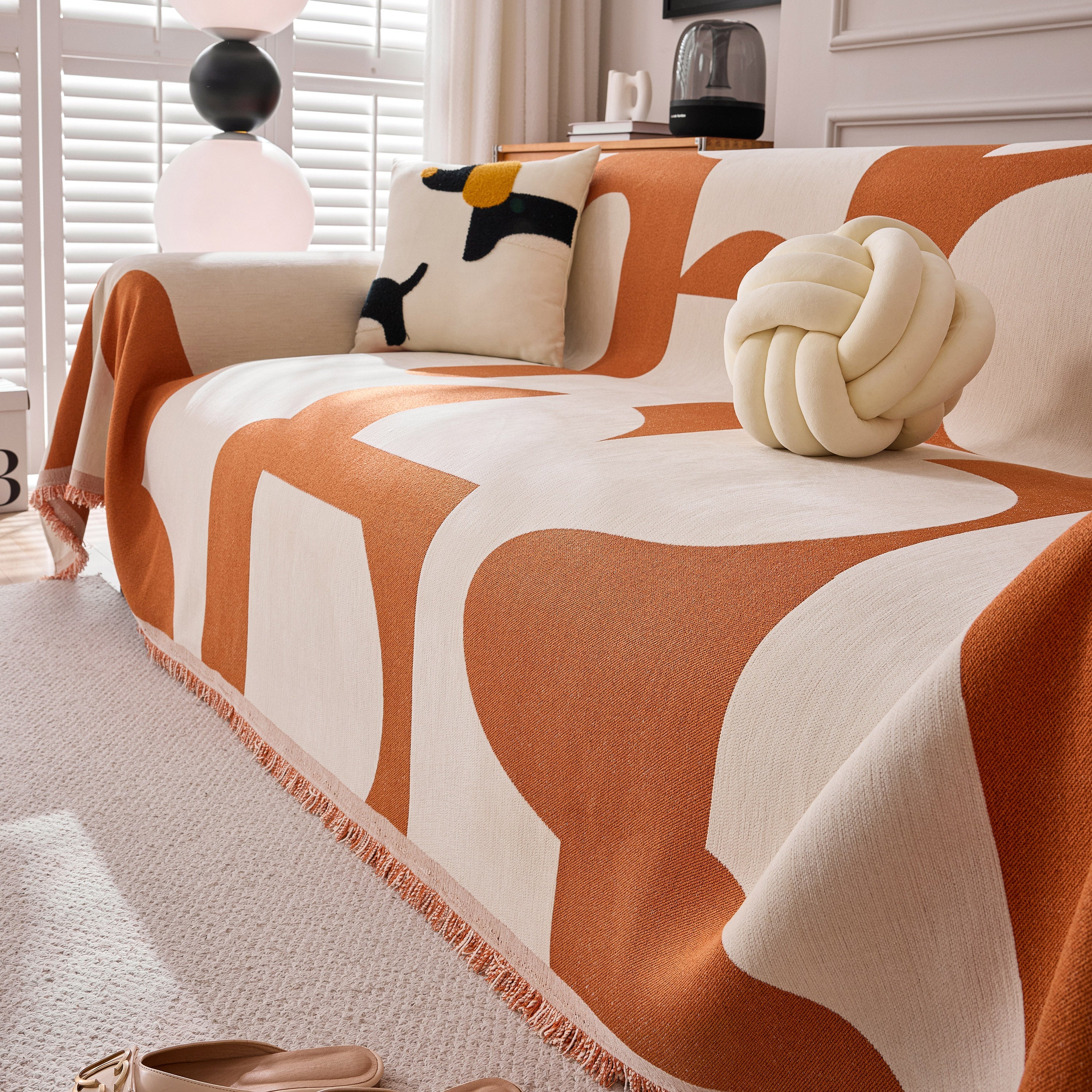Modern Abstract Chenille Sofa Cover, Large Soft Throw Blanket With Tassels For Couch