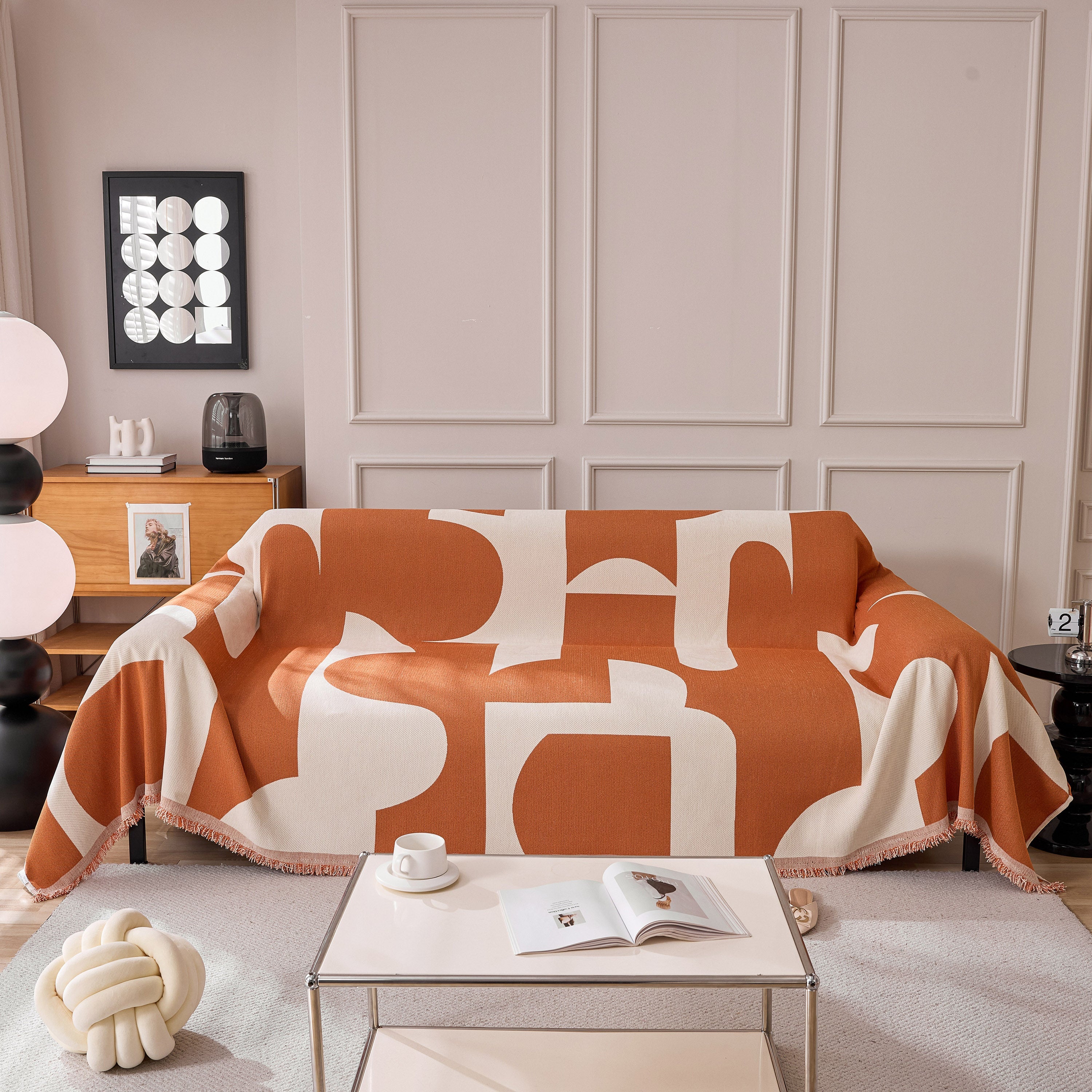 Modern Abstract Chenille Sofa Cover, Large Soft Throw Blanket With Tassels For Couch