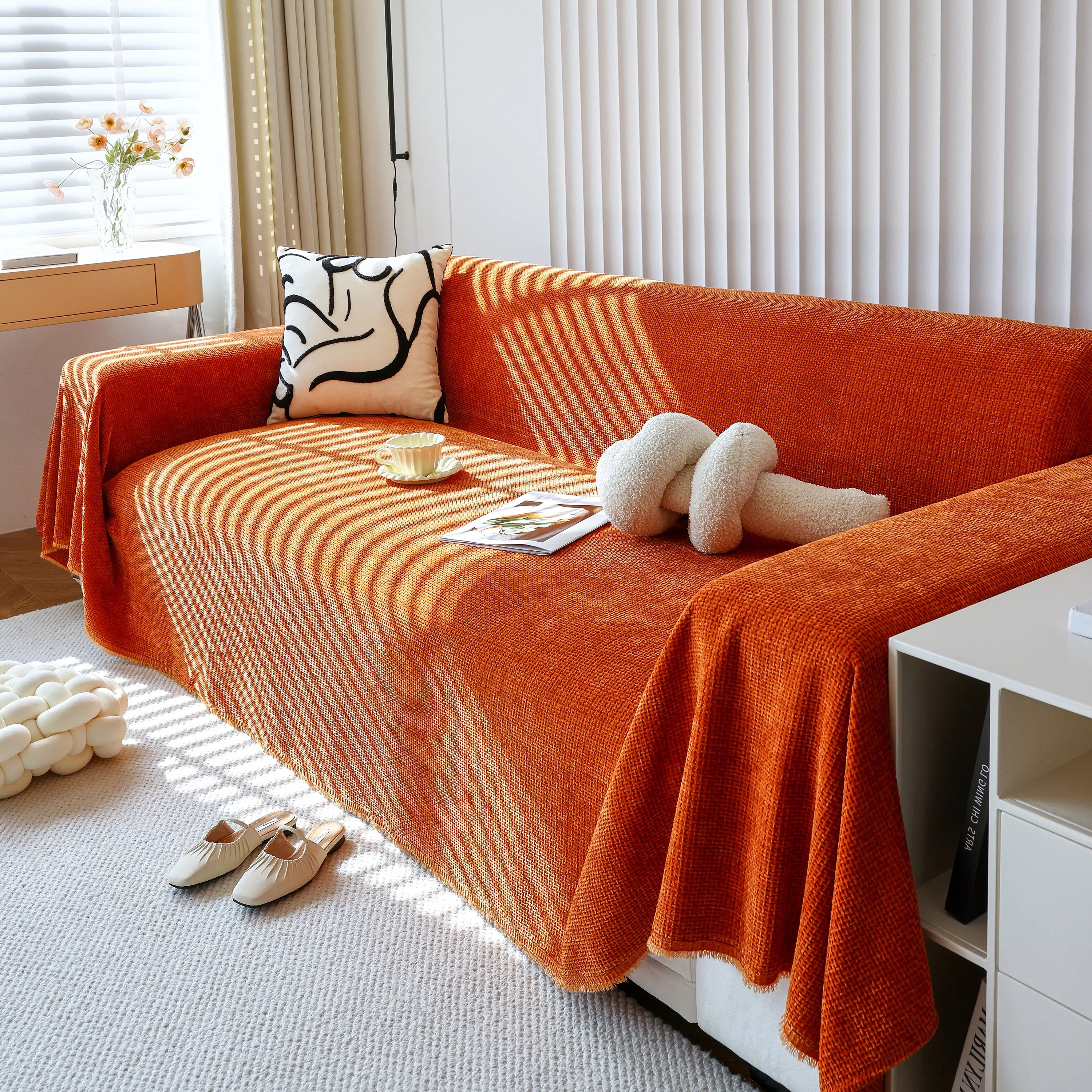 Chenille Thickened Solid Couch Blanket Throws, Reversible Couch Covers For Sectional Couches