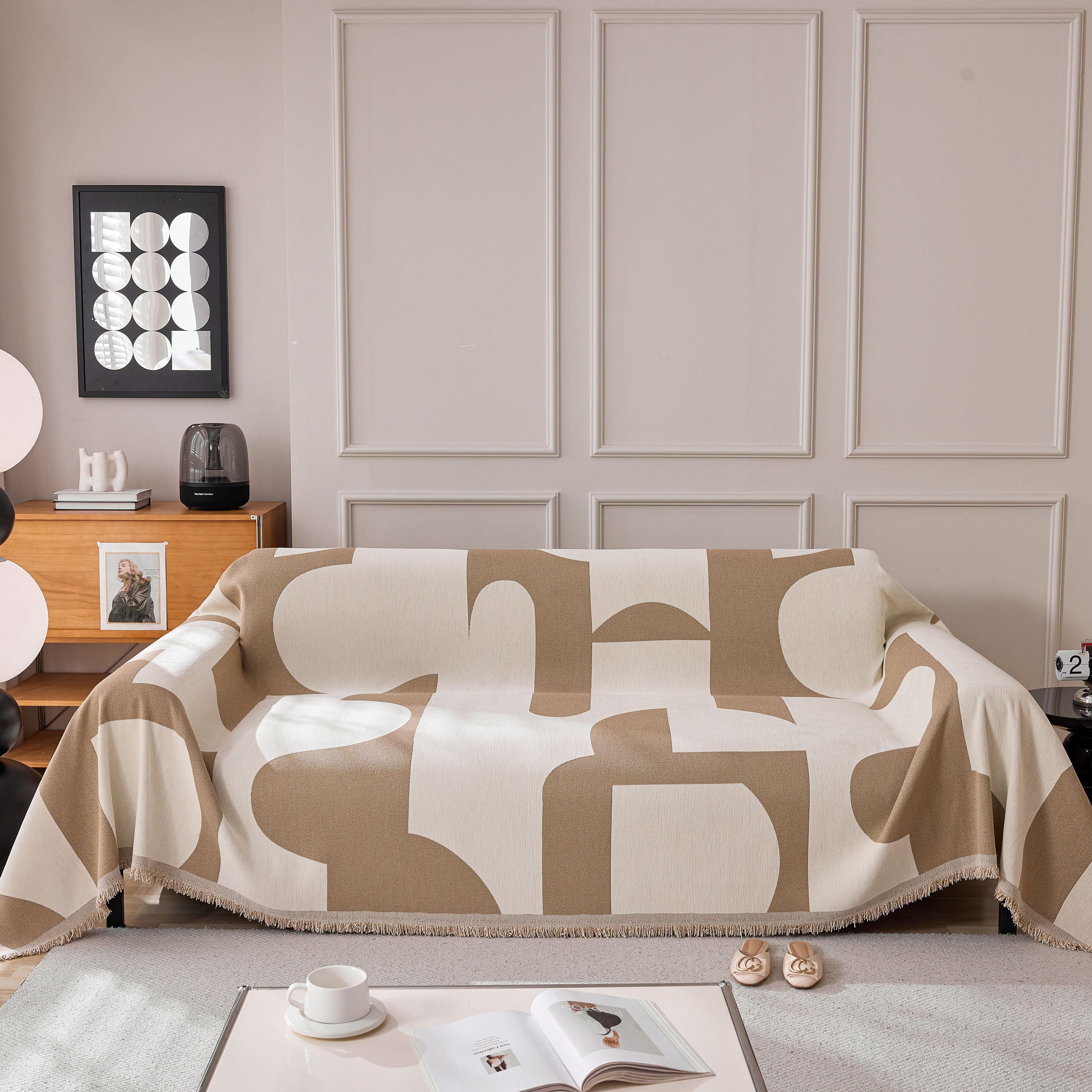 Modern Abstract Chenille Sofa Cover, Large Soft Throw Blanket With Tassels For Couch