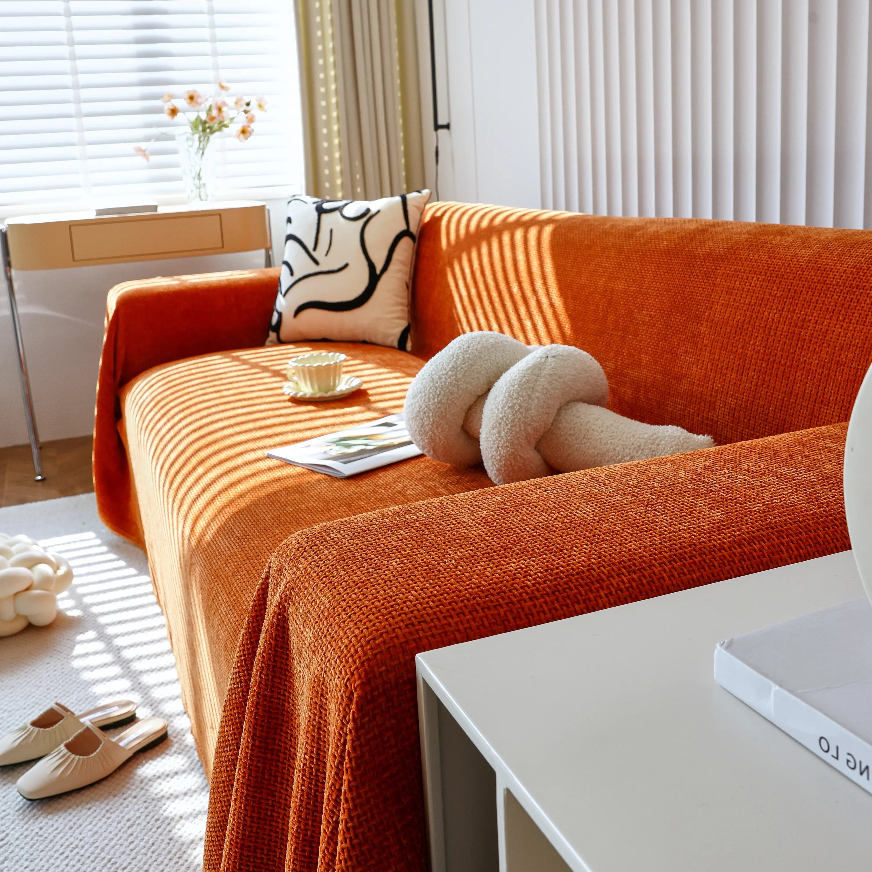Chenille Thickened Solid Couch Blanket Throws, Reversible Couch Covers For Sectional Couches