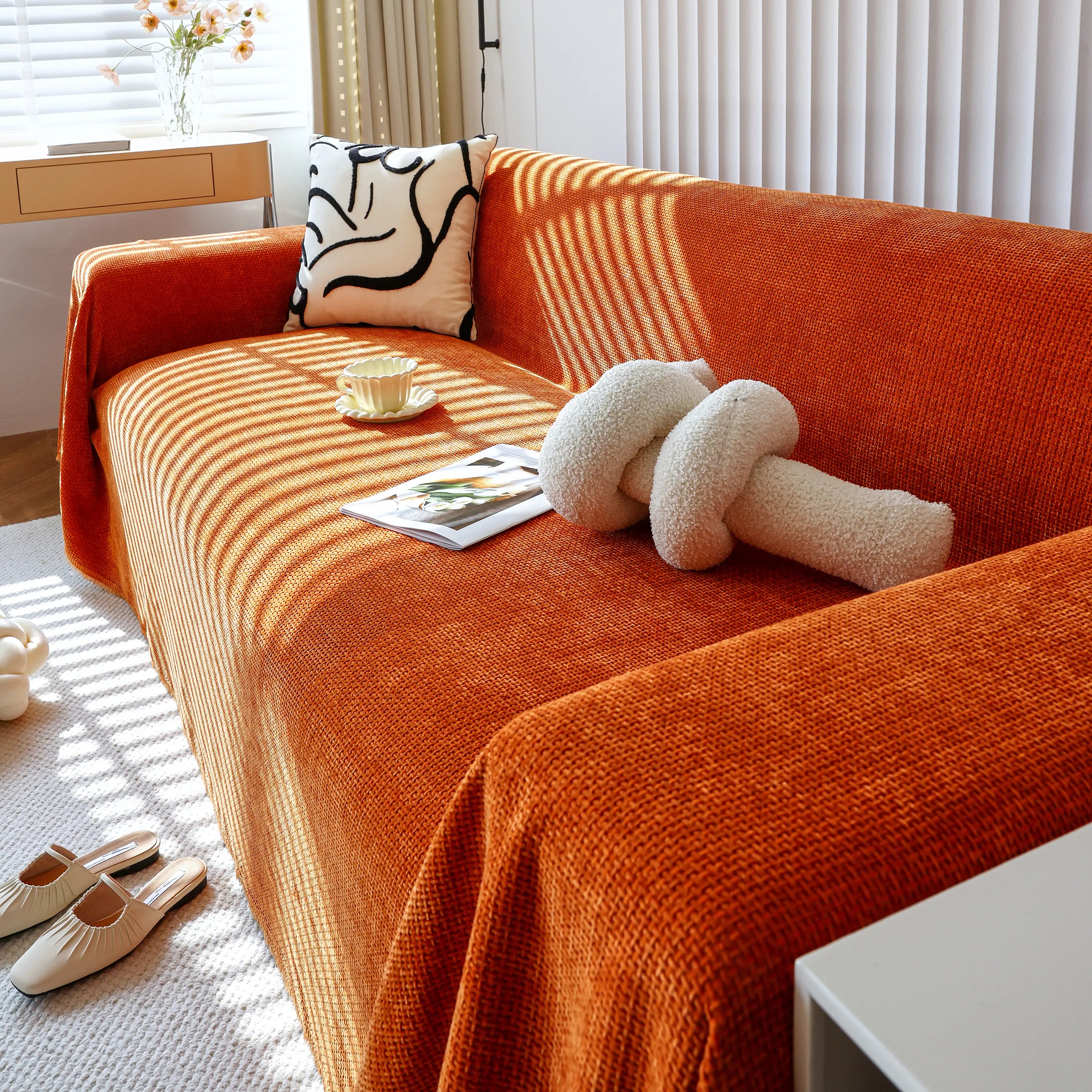 Chenille Thickened Solid Couch Blanket Throws, Reversible Couch Covers For Sectional Couches