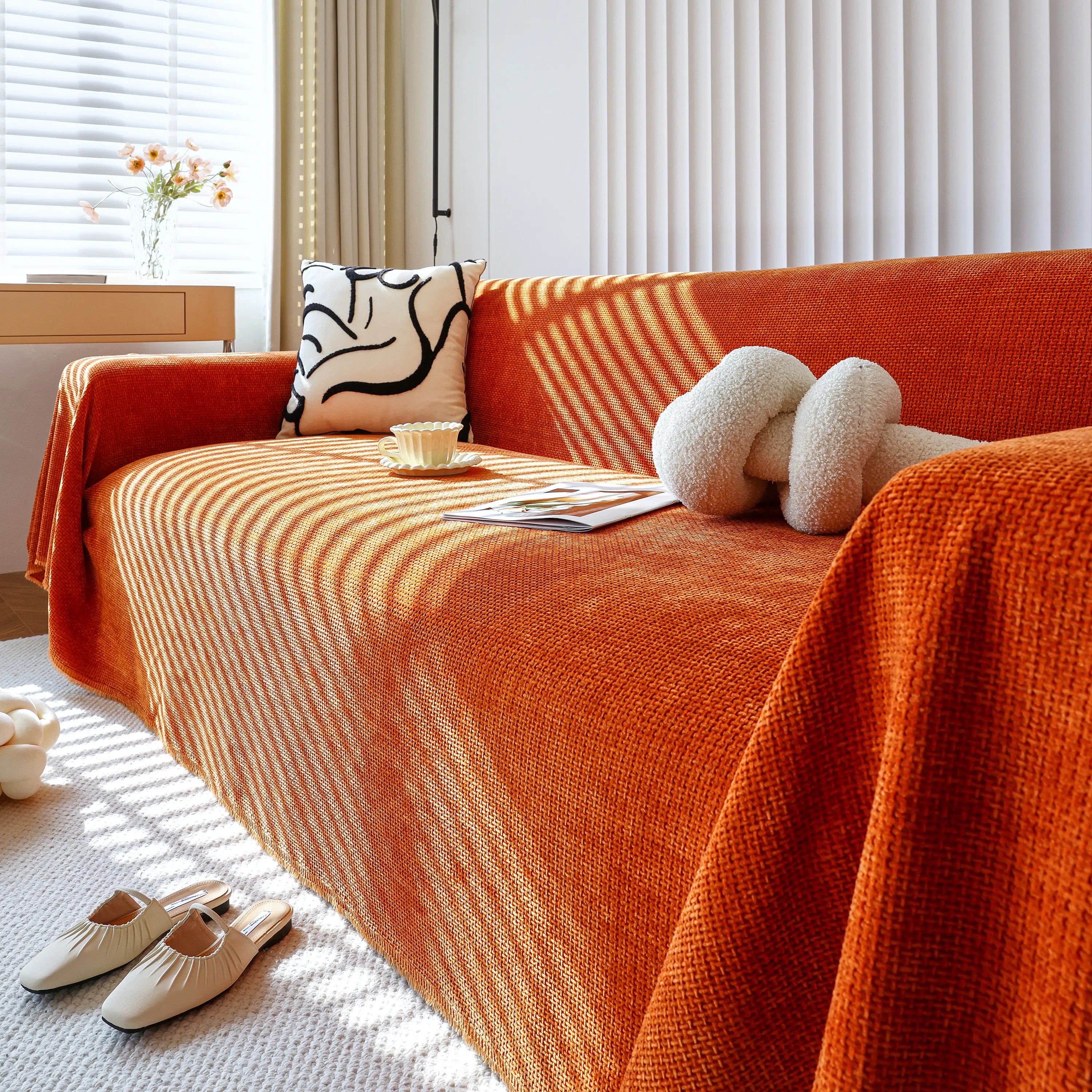Chenille Thickened Solid Couch Blanket Throws, Reversible Couch Covers For Sectional Couches