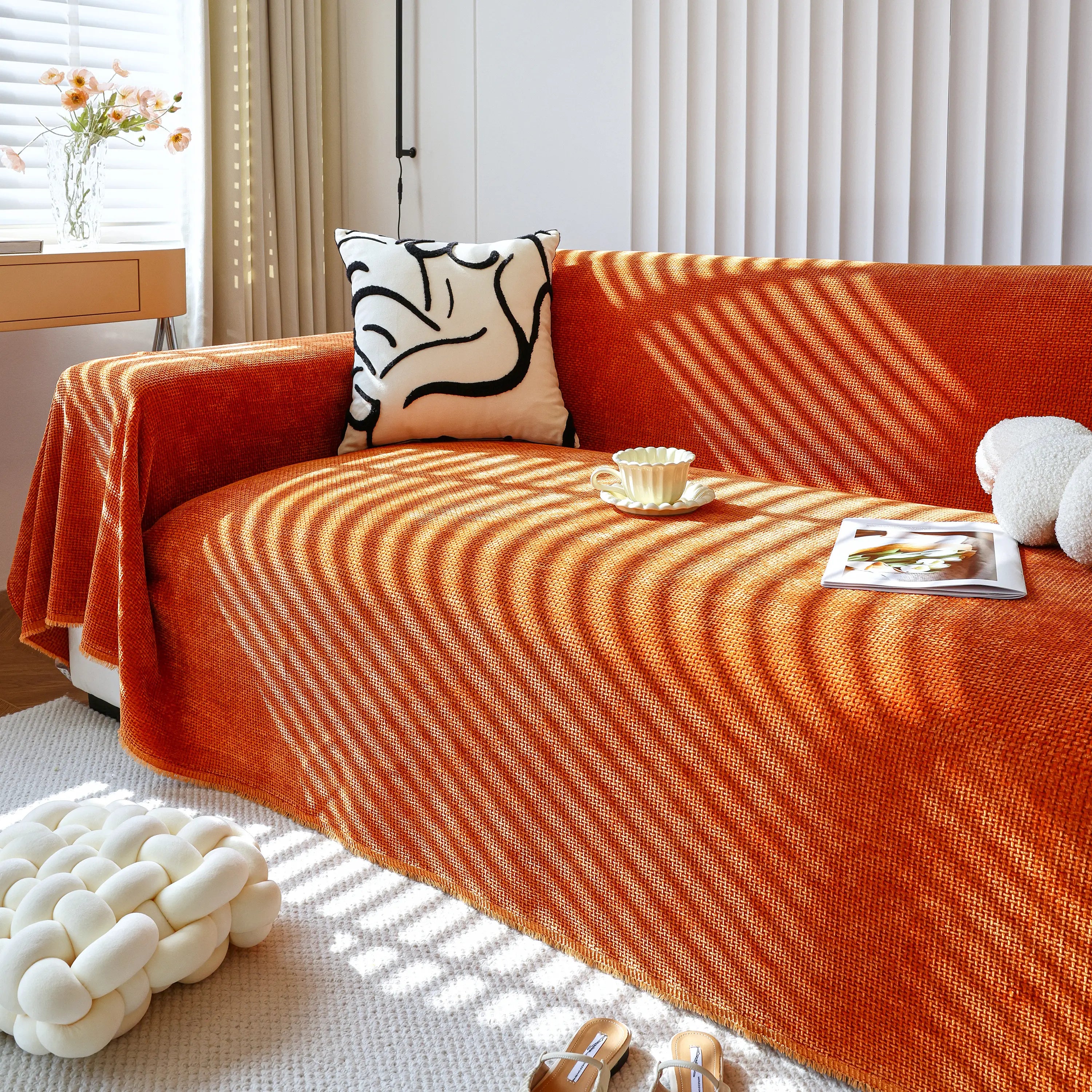 Chenille Thickened Solid Couch Blanket Throws, Reversible Couch Covers For Sectional Couches