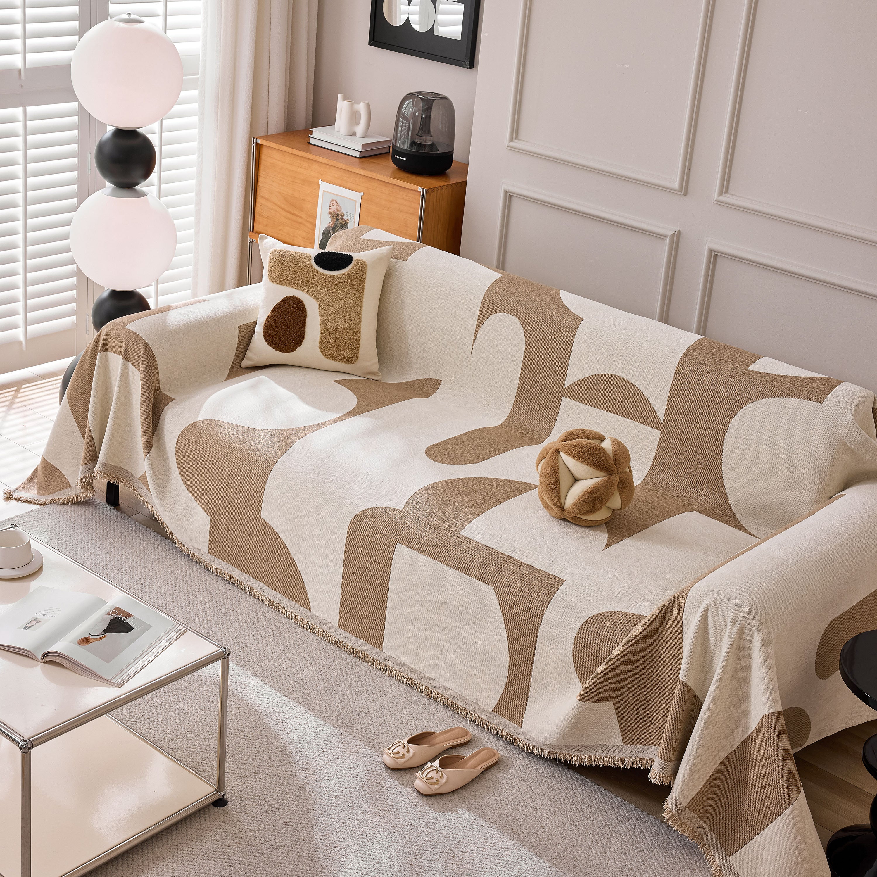 Modern Abstract Chenille Sofa Cover, Large Soft Throw Blanket With Tassels For Couch