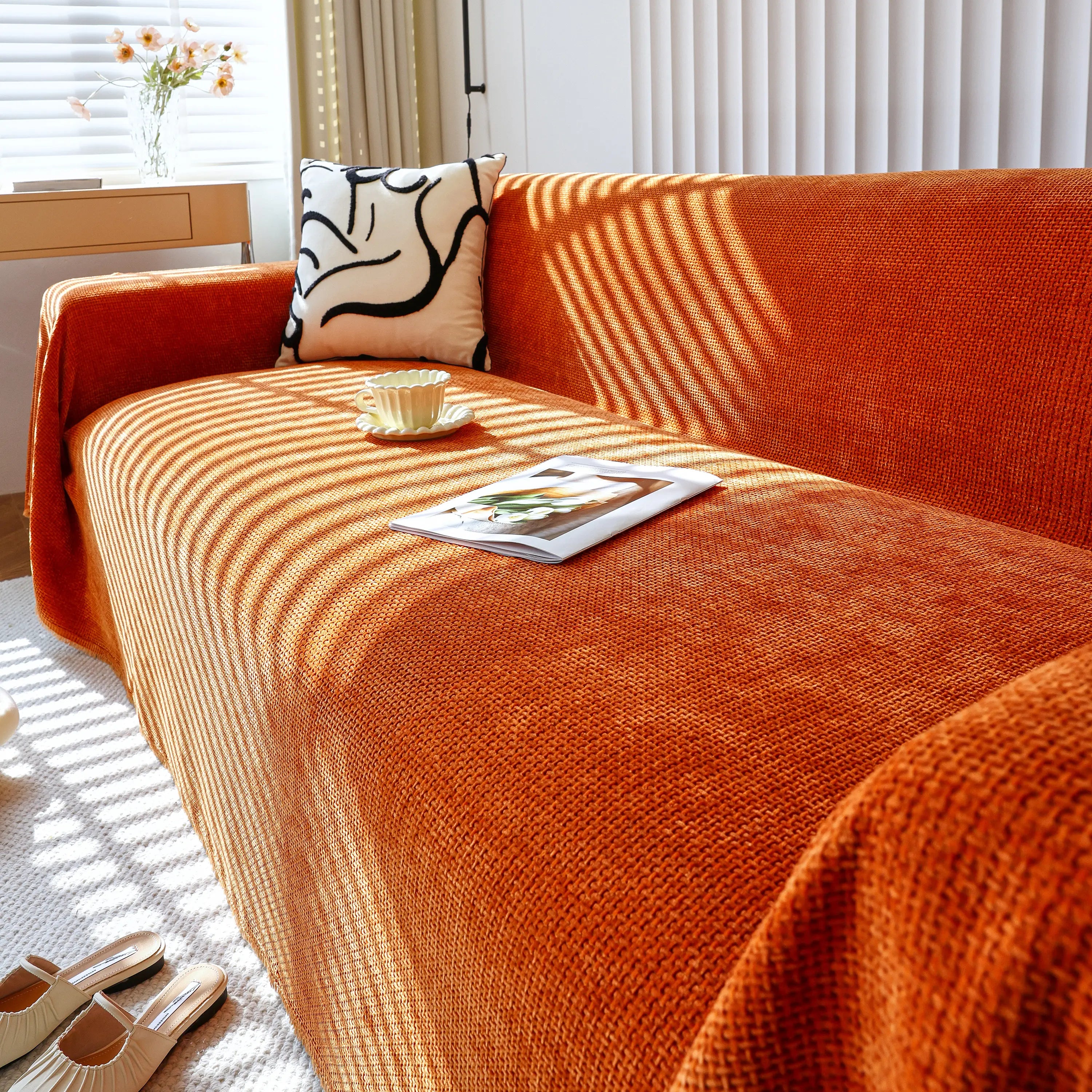Chenille Thickened Solid Couch Blanket Throws, Reversible Couch Covers For Sectional Couches