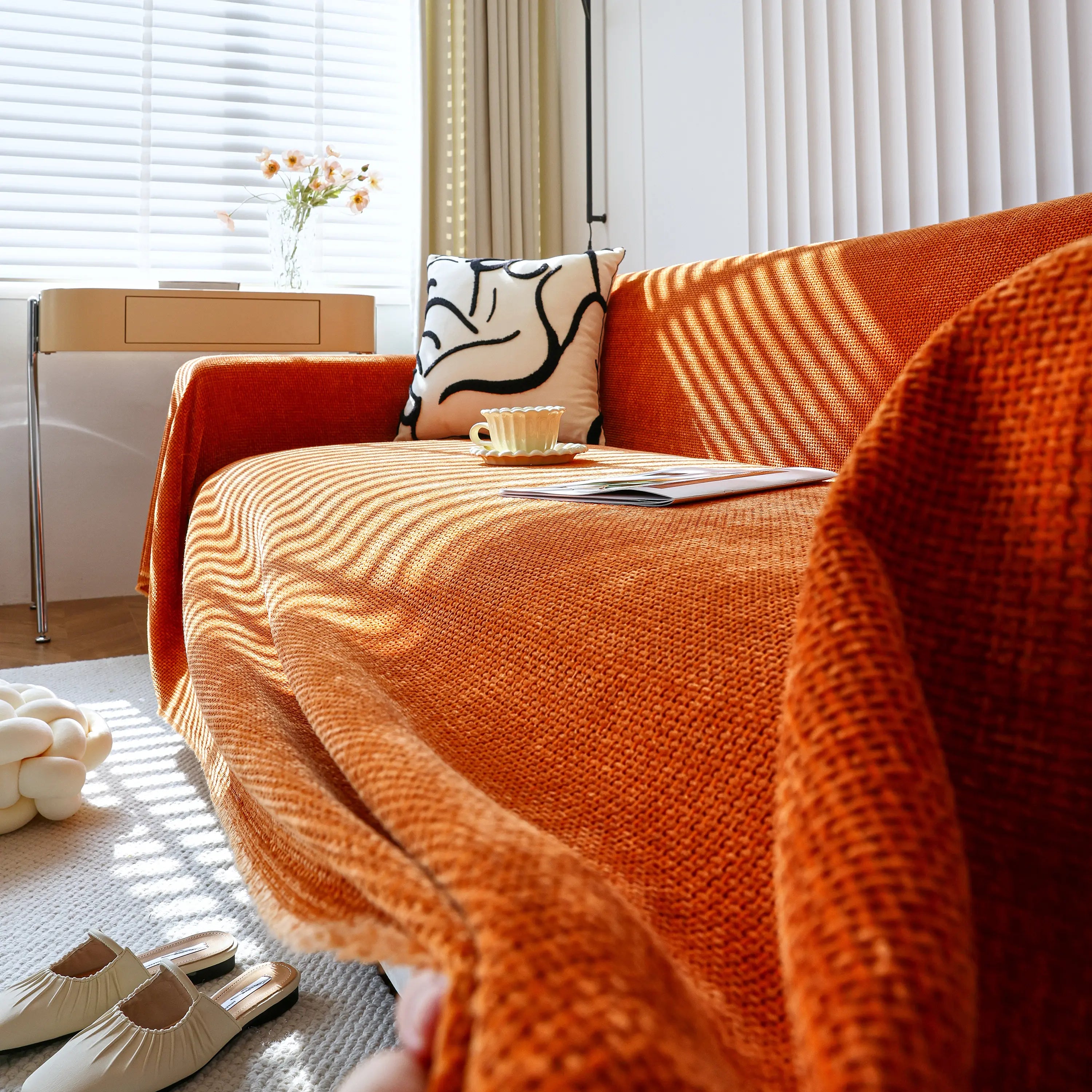 Chenille Thickened Solid Couch Blanket Throws, Reversible Couch Covers For Sectional Couches